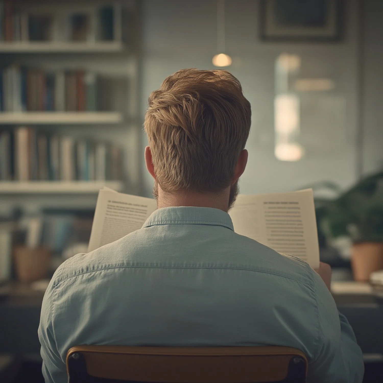 Back of head of guy reading