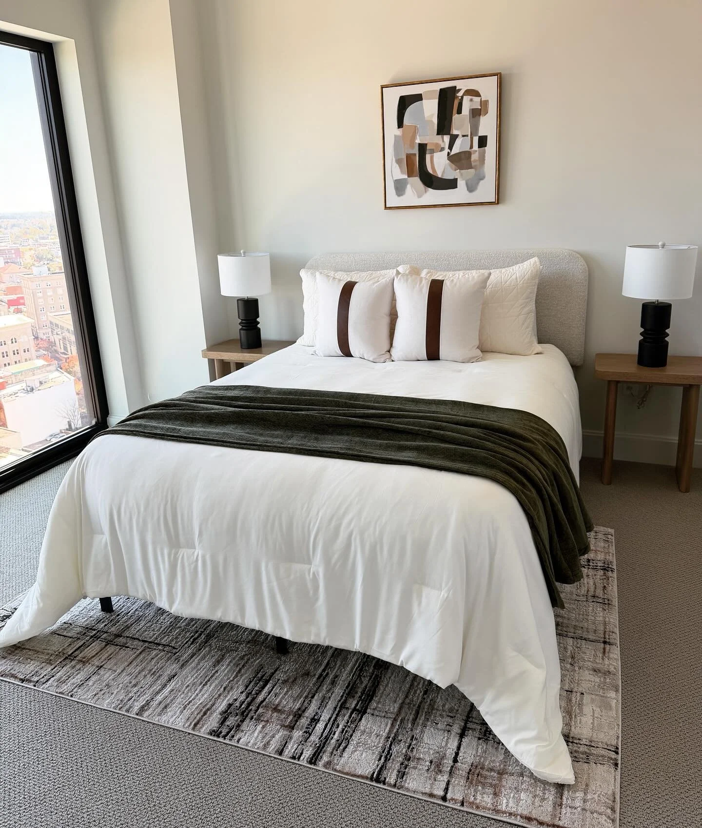 A bedroom with a view. 

#downtowndurham #condoliving #interiordesign #interiorstyling #interiorstylist #homestaging