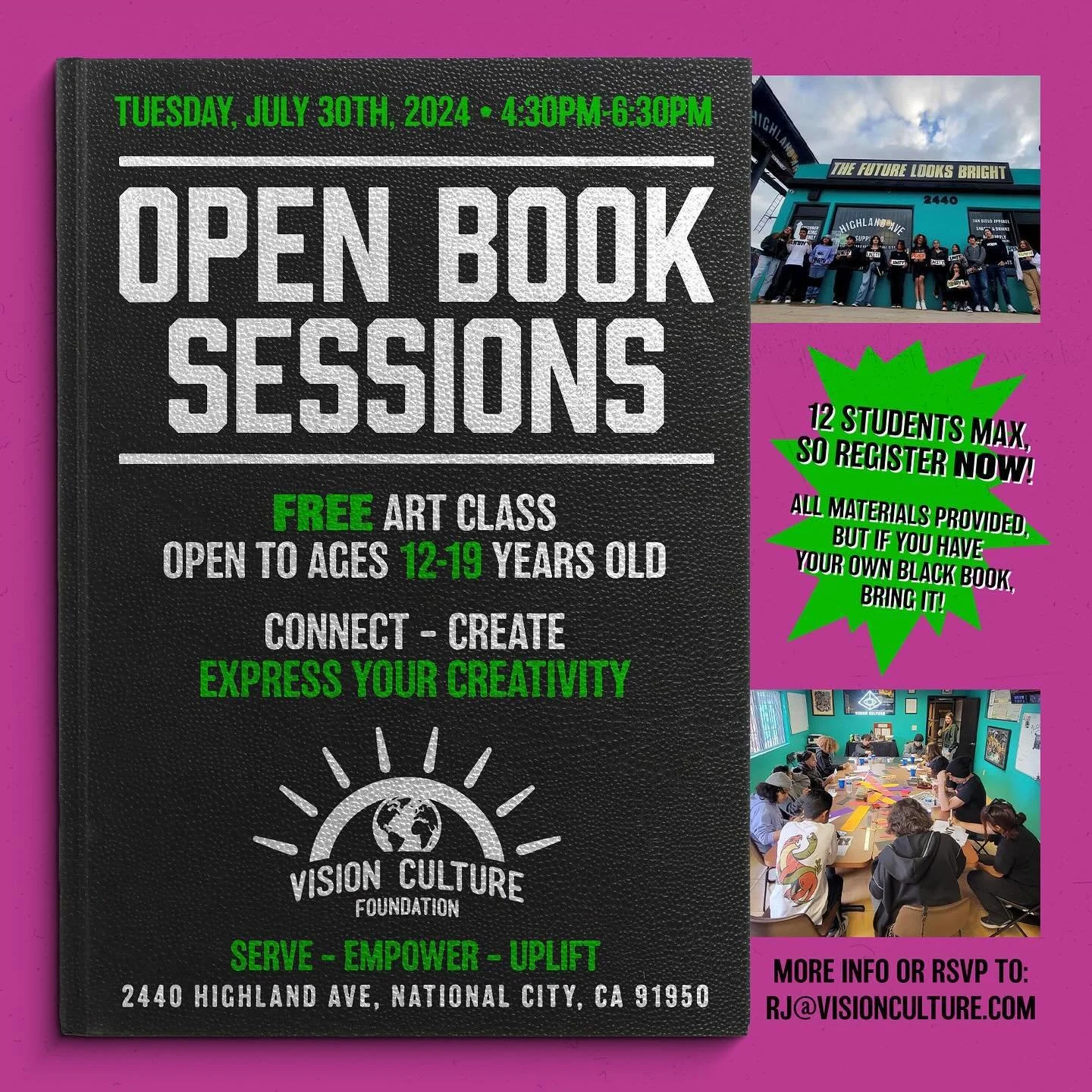 🎨 🖌️ Open Book Sessions 🎨 🖌️

When: Tuesday, August 30th, 2024 - 4:30-7pm

Youth between the ages of 8-19 years old this is for YOU!! This is a FREE Art Class and open discussion @visionculturefoundation

Come join us young folks! Let&rsquo;s get