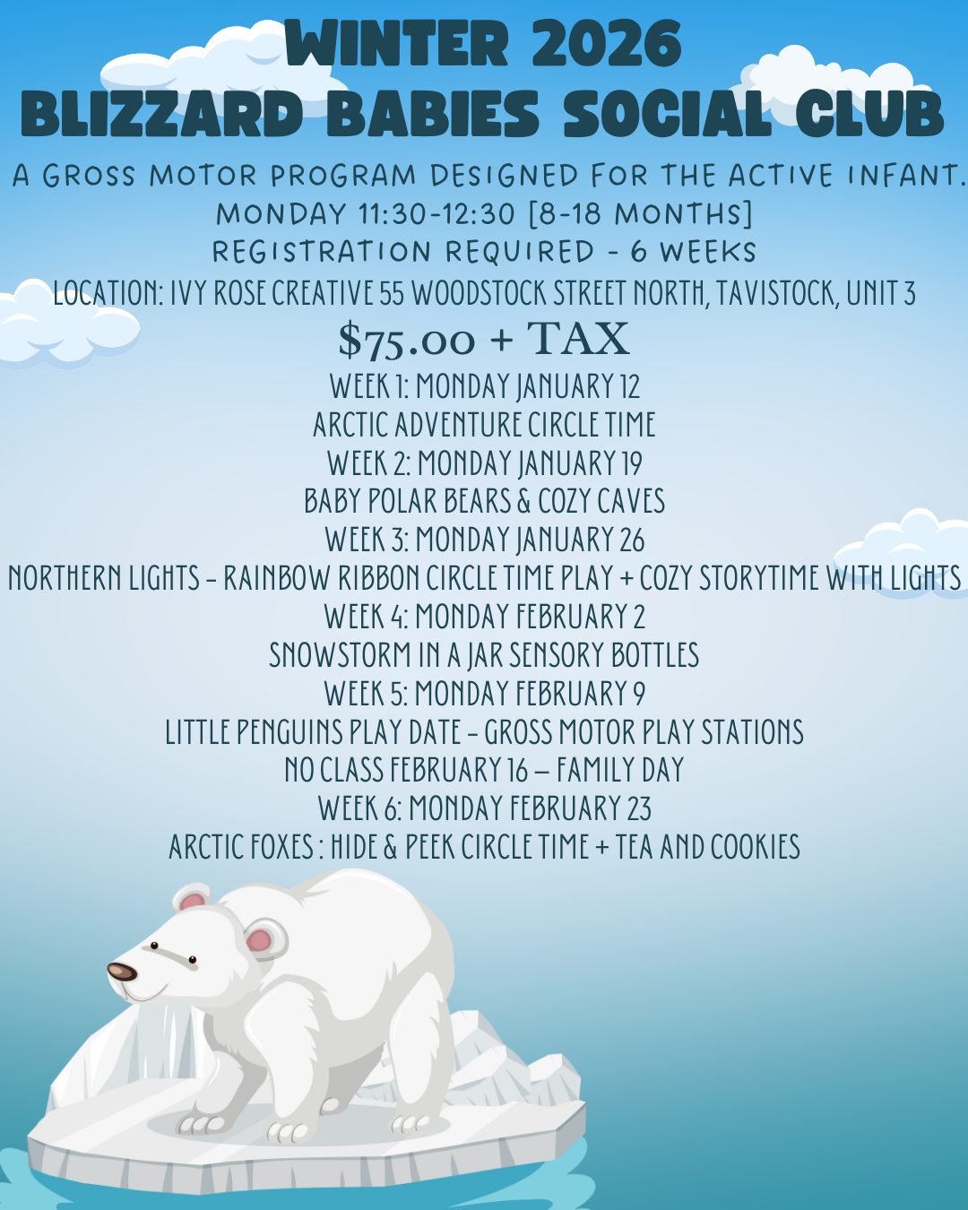 BLIZZARD BABIES SOCIAL CLUB - AGES 8-18 MONTHS : MONDAYS 11:30-12:30 6 WEEKS $75.00