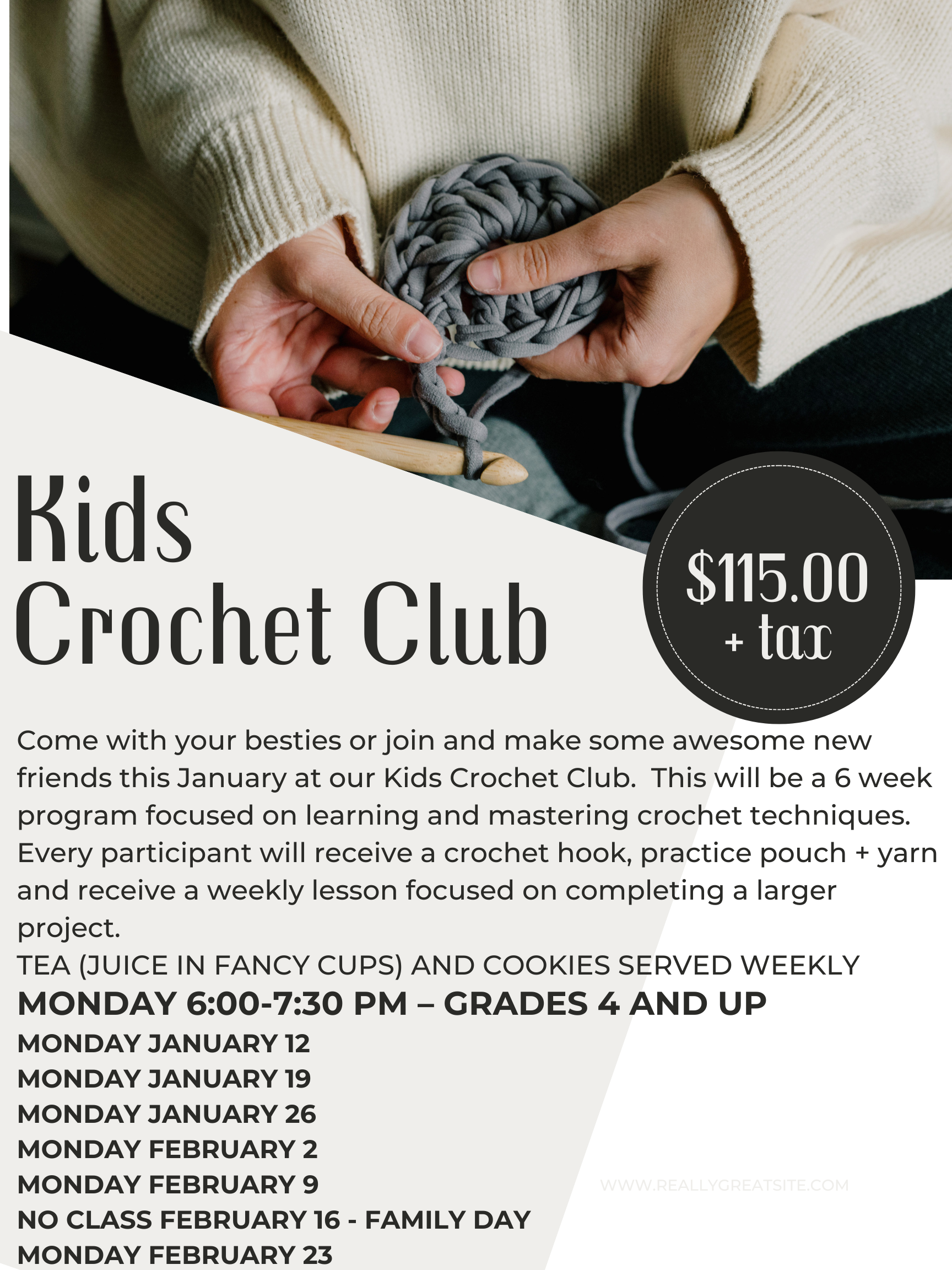 KIDS CROCHET CLUB - 6 WEEKS MONDAY 6:00-7:30 GRADE 4+ $115.00