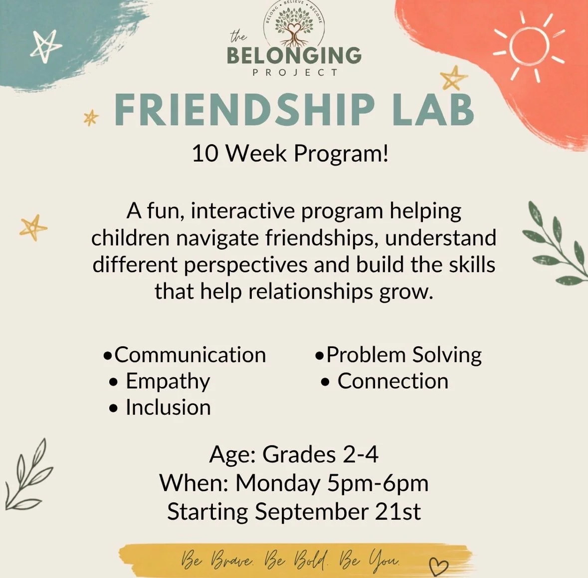 WORKSHOP SERIES : FRIENDSHIP LAB MONDAYS 5:00-6:00 GRADE 2-4