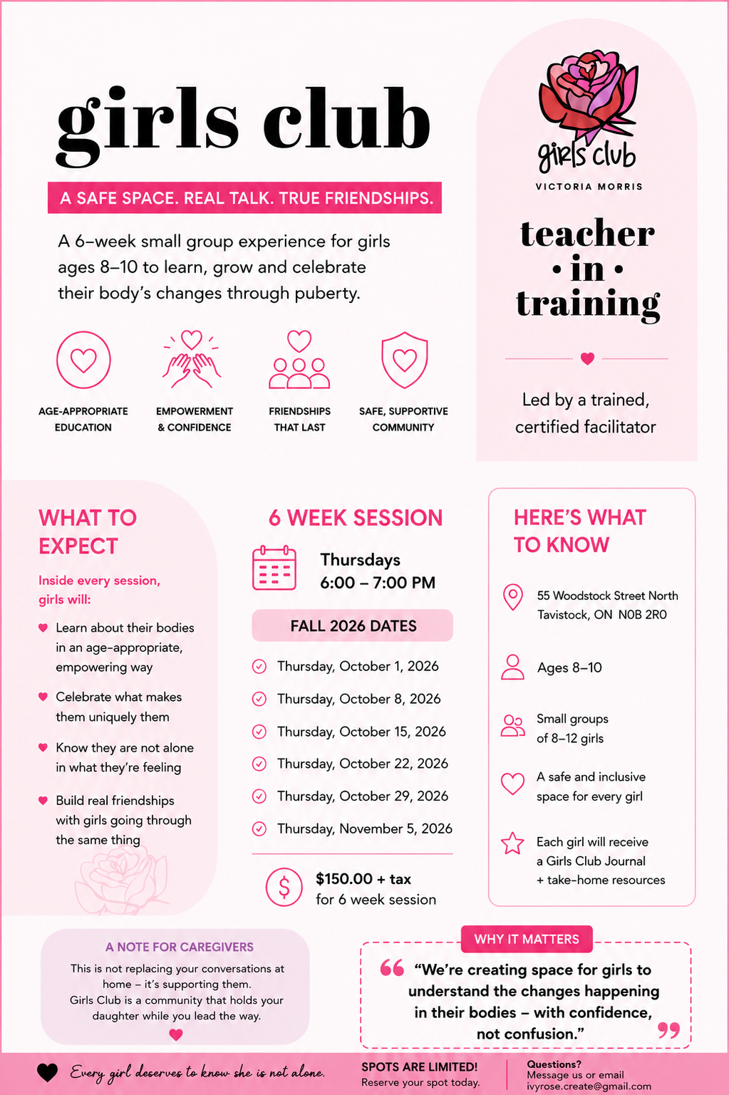 GIRLS CLUB 6 WEEKS 6:00-7:00 AGES 8-10