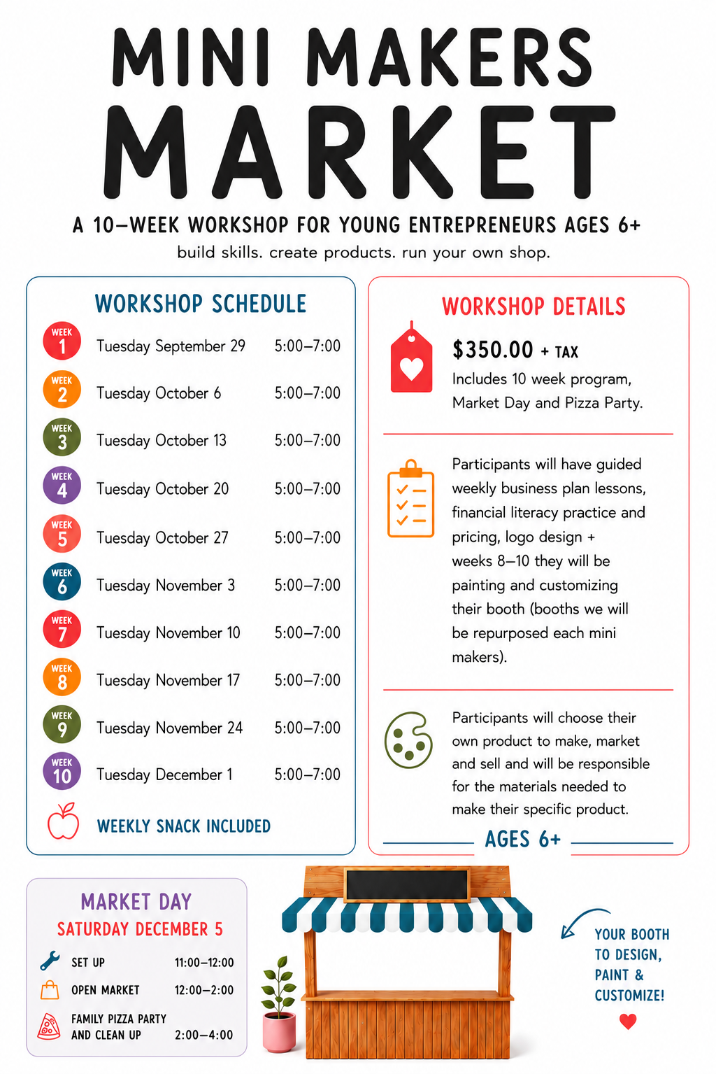 MINI MAKERS MARKET - 10 WEEK SESSION + MARKET DAY $100.00 DEPOSIT + BALANCE INVOICED