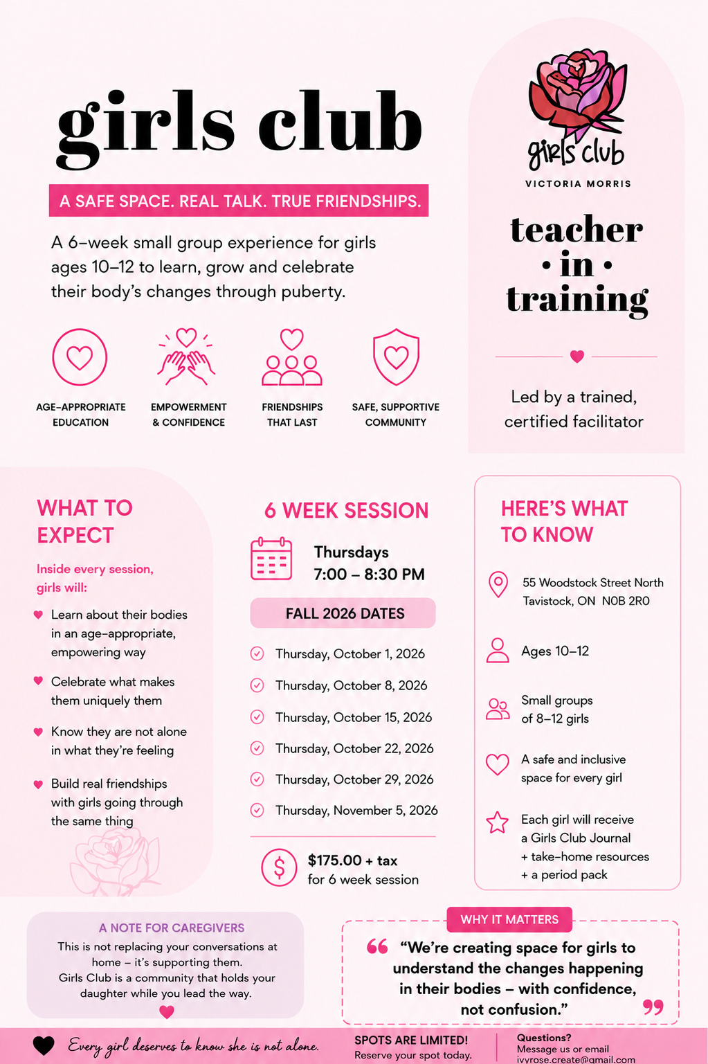 GIRLS CLUB 6 WEEKS 7:00-8:30 AGES 10-12