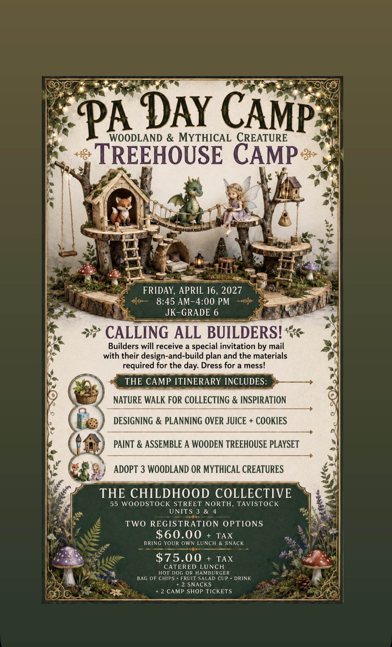 PA DAY CAMP FRIDAY APRIL 16 2027 8:45-4:00 TREEHOUSE CAMP $60.00/CAMPER NO LUNCH OR SNACK