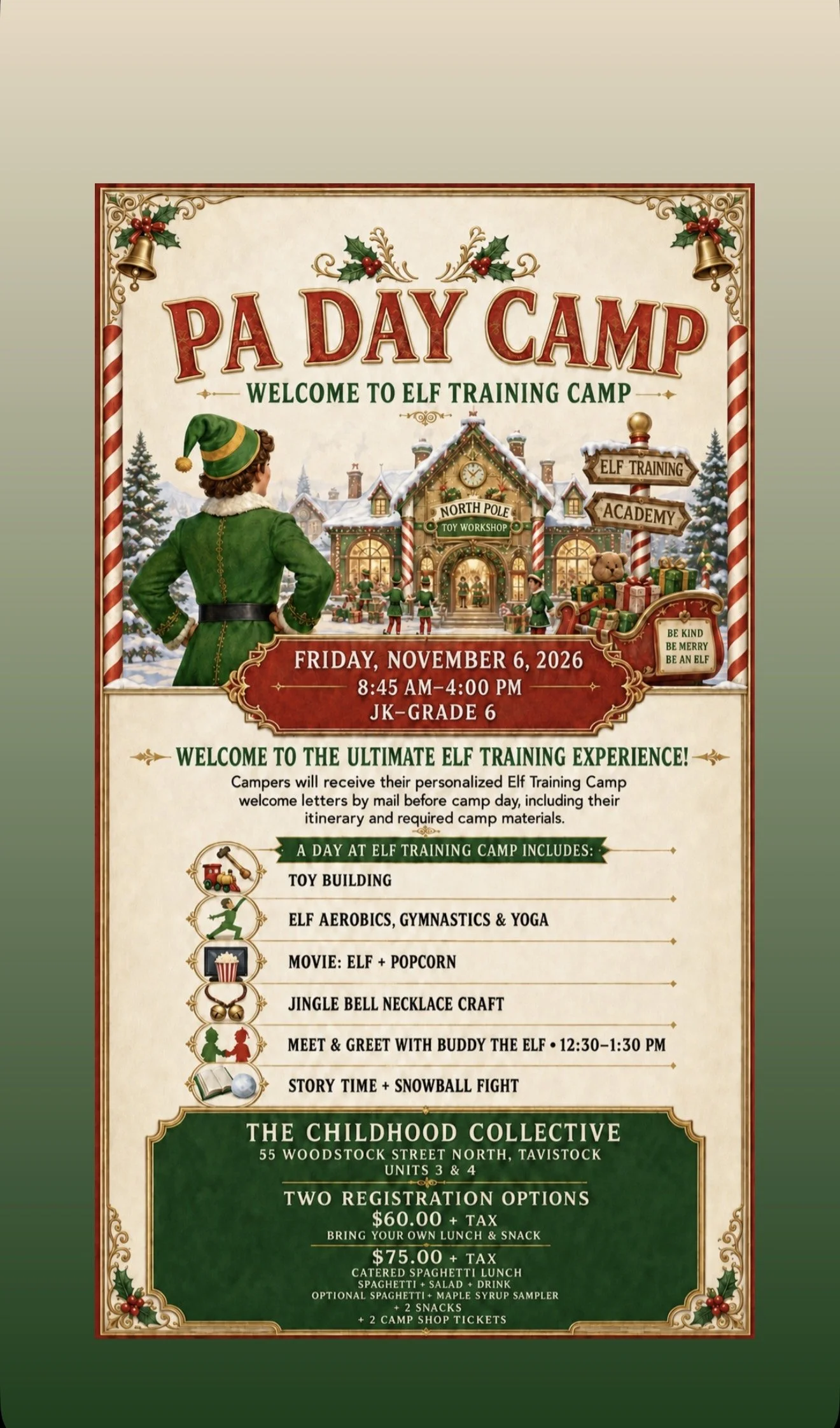 PA DAY CAMP FRIDAY NOVEMBER 6 2026 8:45-4:00 ELF TRAINING CAMP $75.00/CAMPER LUNCH AND SNACK INCLUDED