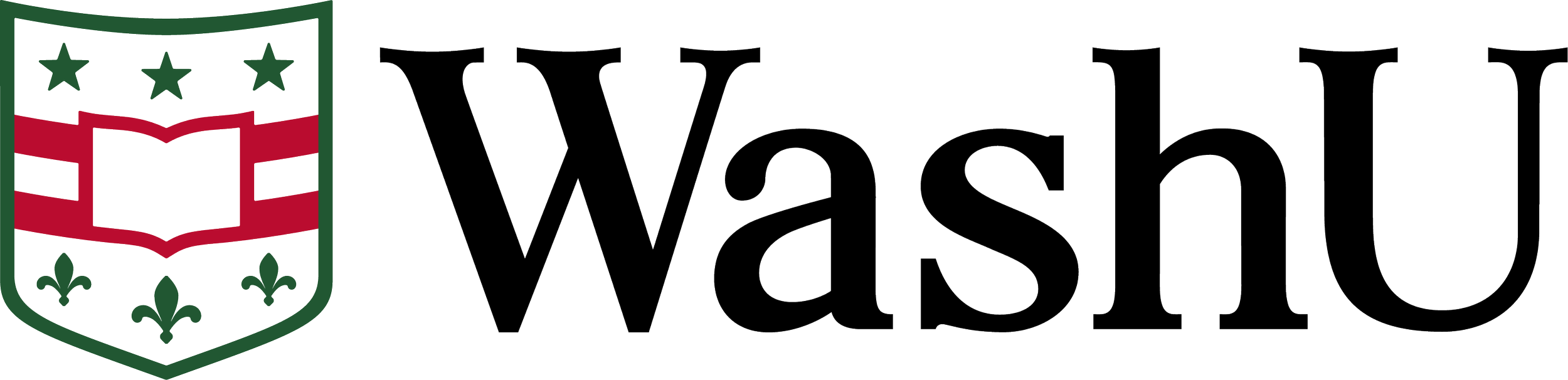 A logo with a shield featuring three green stars, a red and white open book, and three green fleur-de-lis symbols. Next to the shield, the text reads 'WaShU' in large black letters.