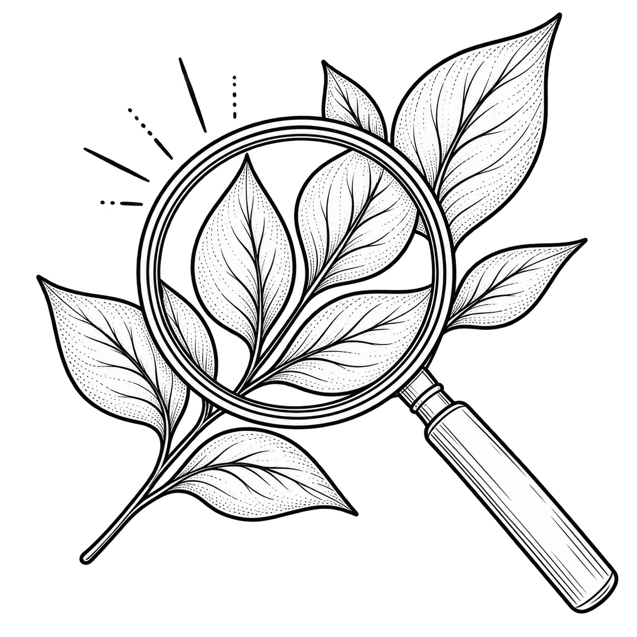 Black and white illustration of a magnifying glass examining a branch with multiple leaves.
