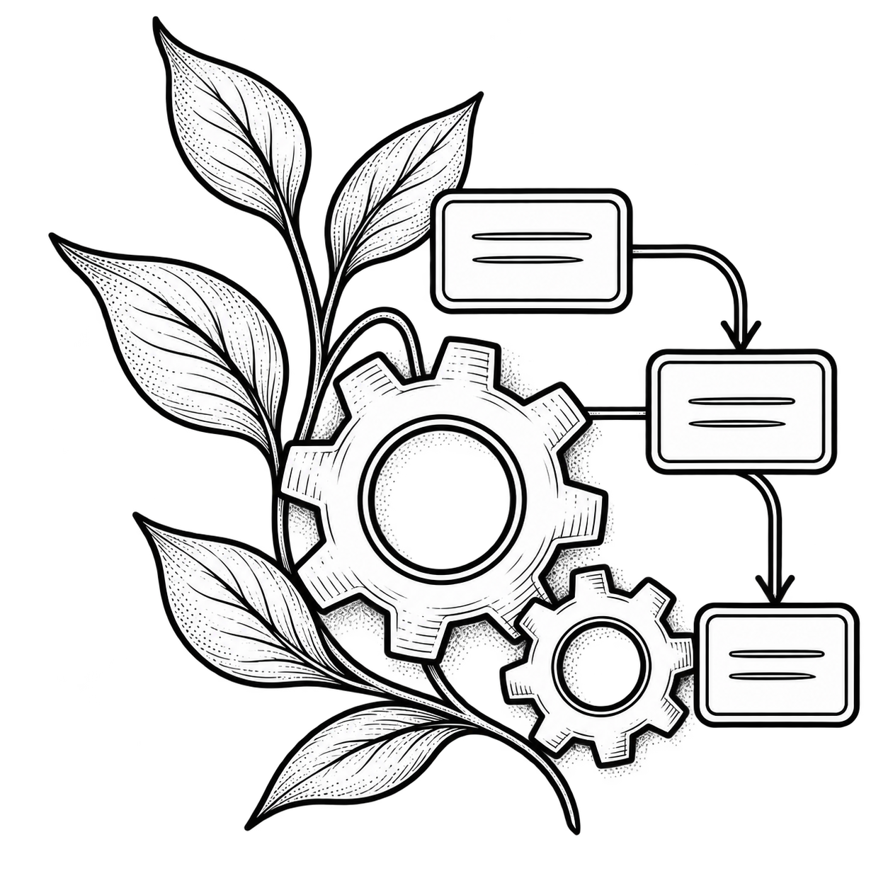 Black and white sketch of two intertwined gears, surrounded by leaves, with connected flowchart boxes on the right.