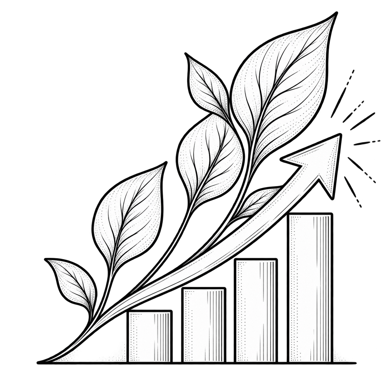 A black and white illustration of a growing plant intertwined with a bar graph and an upward arrow, symbolizing growth and progress.