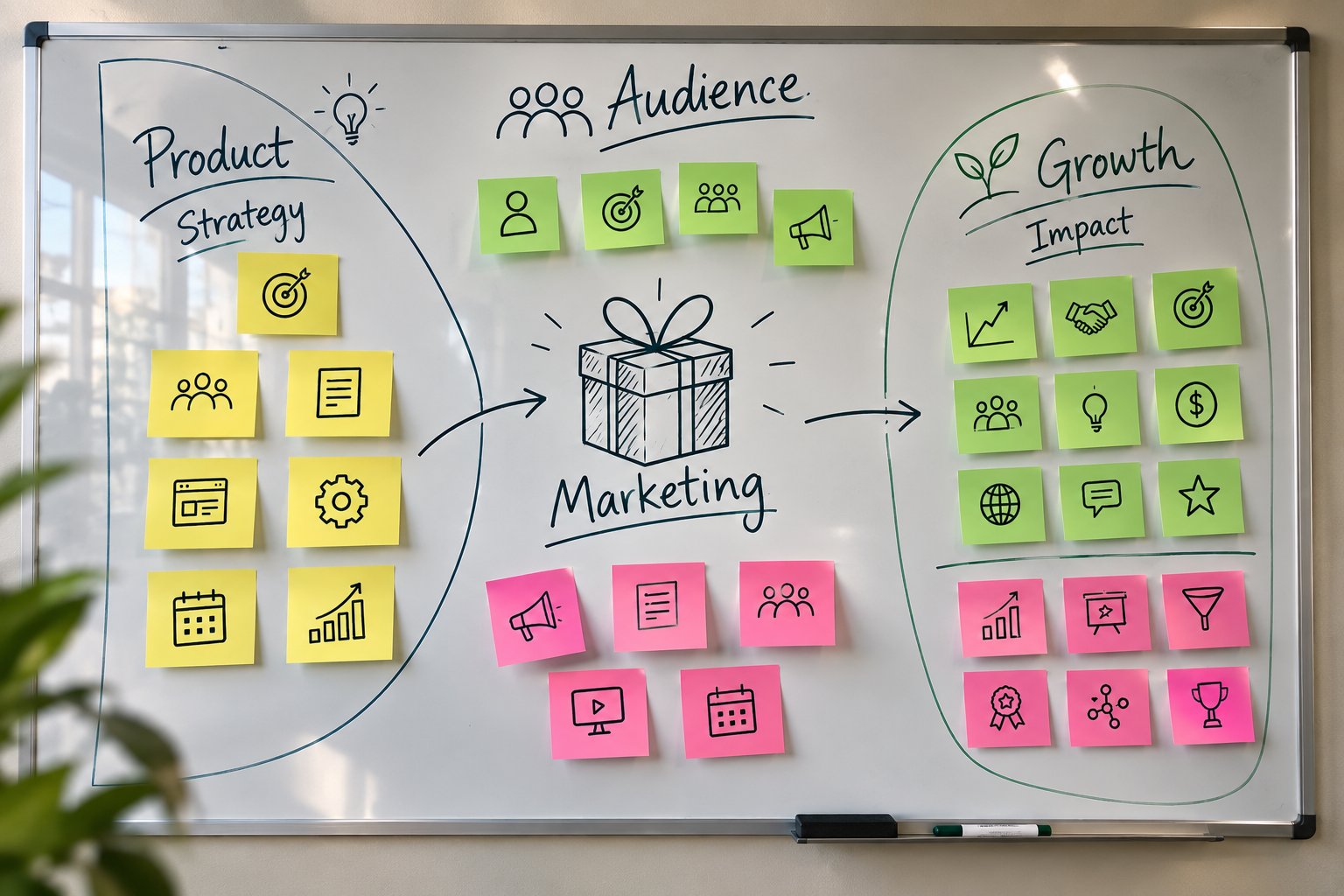 Whiteboard with diagrams and colorful sticky notes illustrating marketing concepts: Product strategy, Audience, Growth impact, and various icons representing marketing goals and metrics.