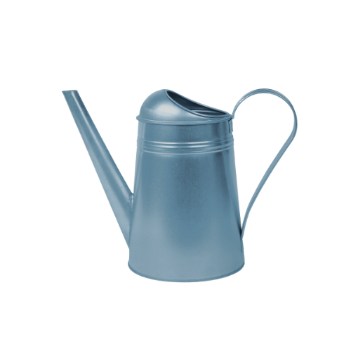 A light blue metal watering can with a long spout and a handle.