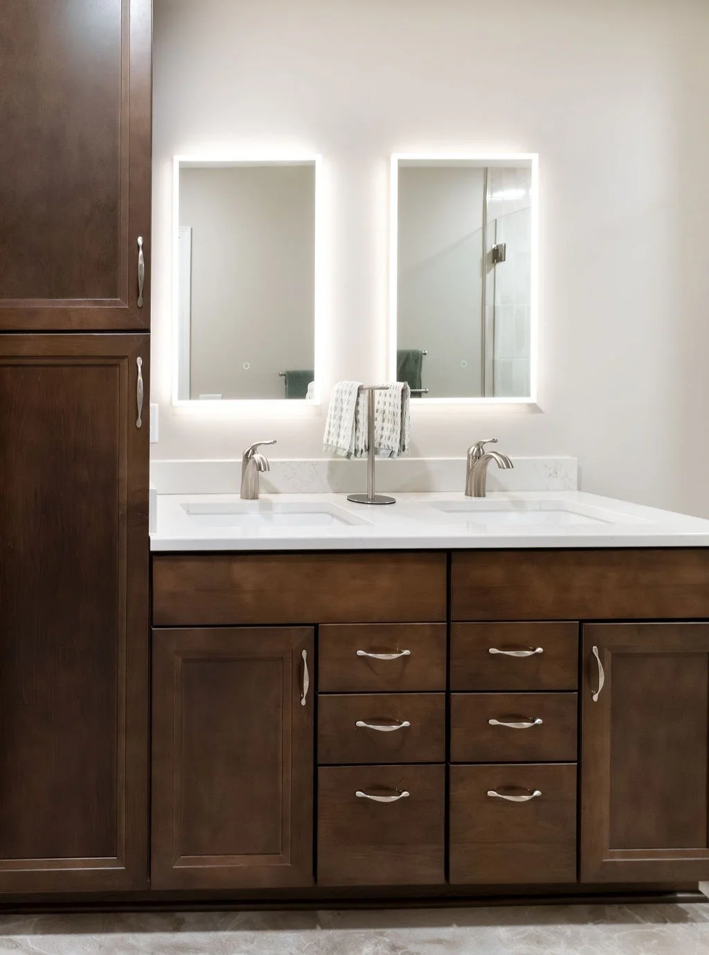 Another beautiful bathroom transformation.

This second-floor en-suite bathroom was redesigned to blend comfort, safety, and style. The new space features a custom tiled shower with niche, an elegant grab bar that seamlessly complements the design, a