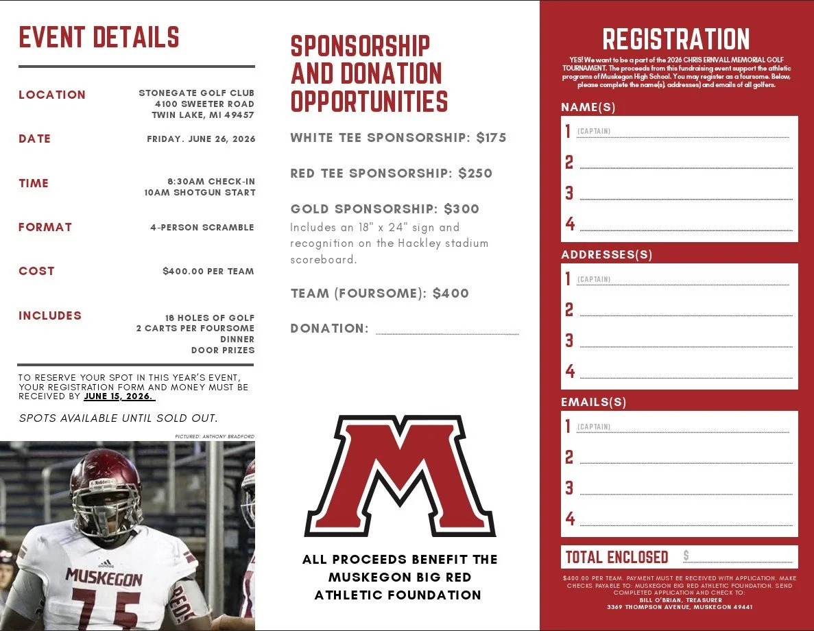 Brochure page with event registration details of 2026 Chris Ernvall Memorial Golf Tournament.