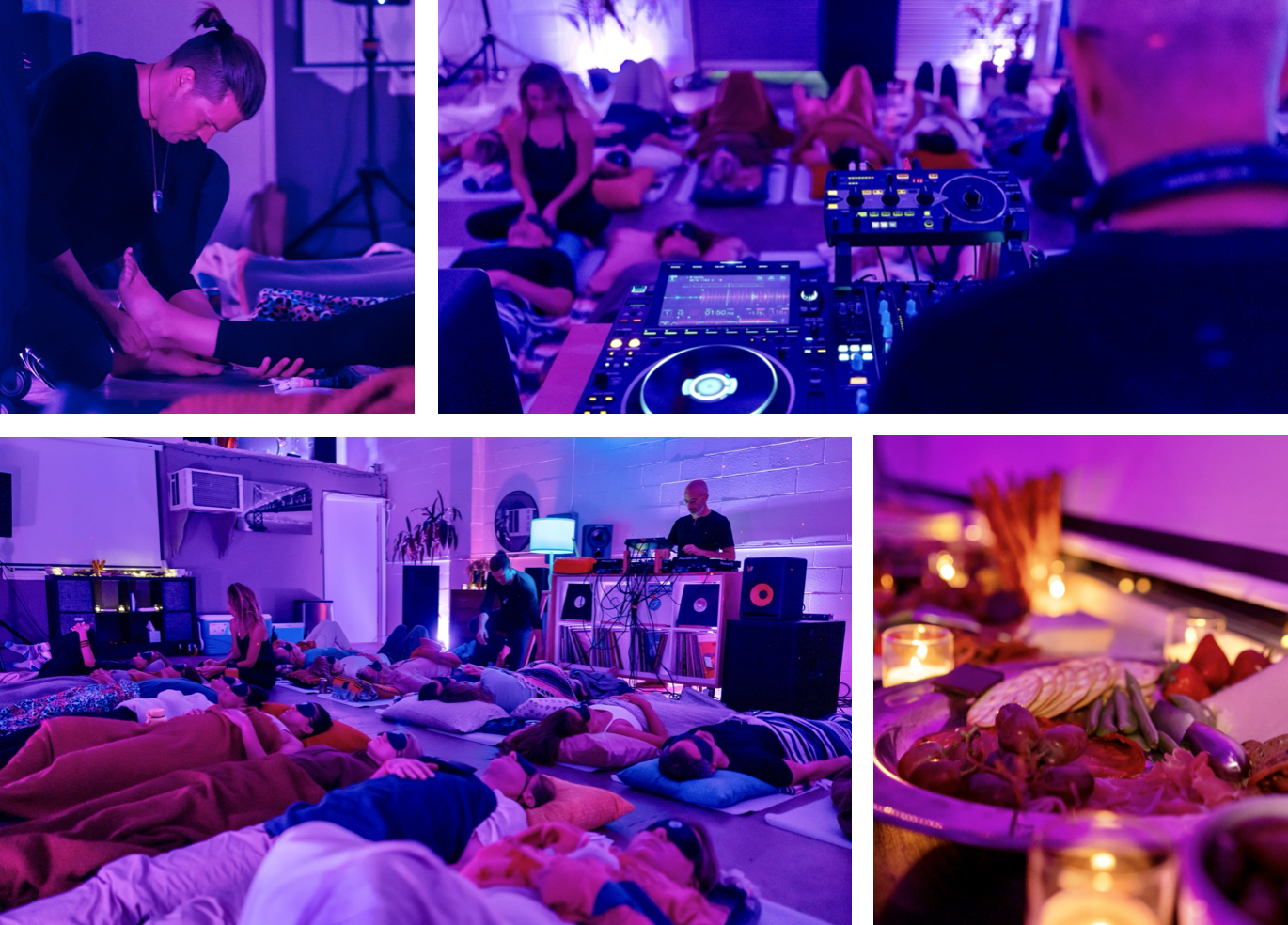 A scene from a yoga or meditation event with people lying on mats, a DJ performing, and food with candles