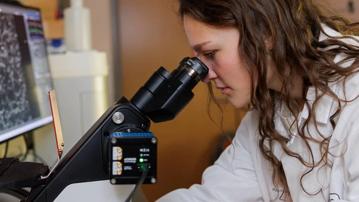 Anna Vincze ’26 looks through a microscope