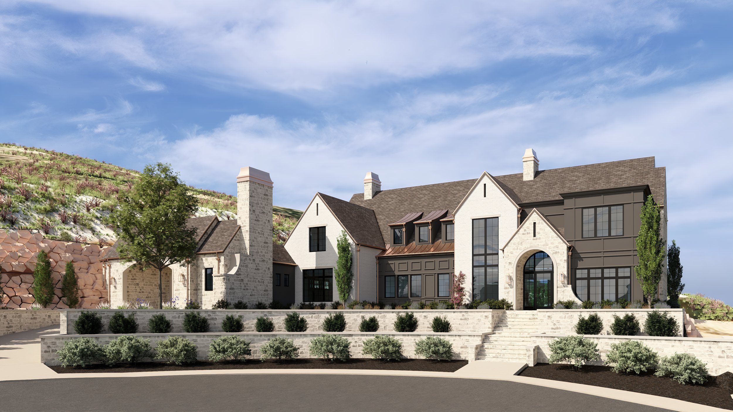 Large luxury house with a landscaped front yard, curved driveway, and tall windows.