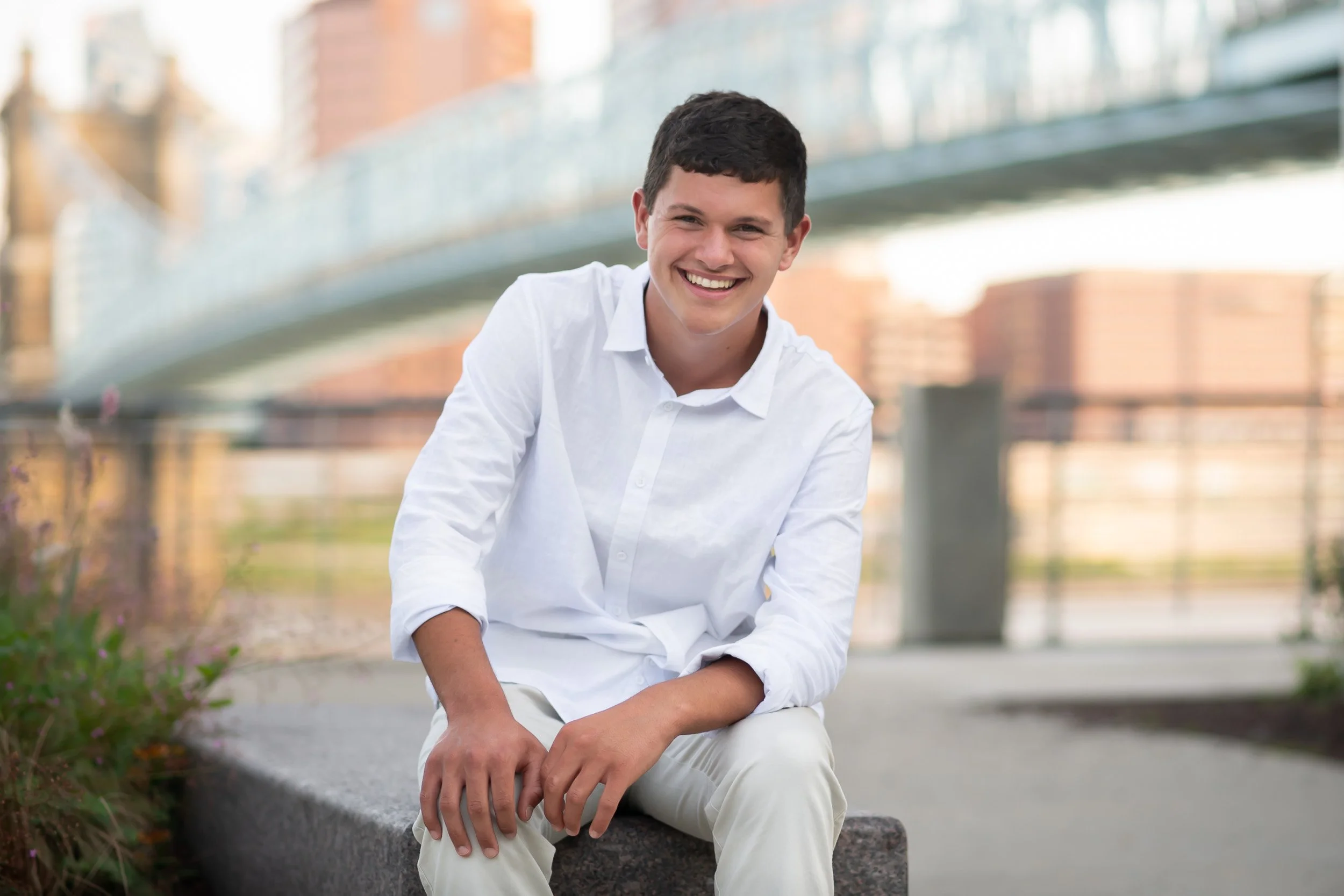 Turpin High School Senior Boy Downtown Bridge Background White Button Down Shirt.jpg