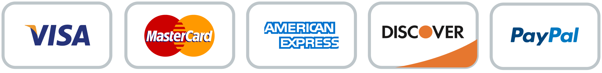 Payment method logos including VISA, MasterCard, American Express, Discover, and PayPal.
