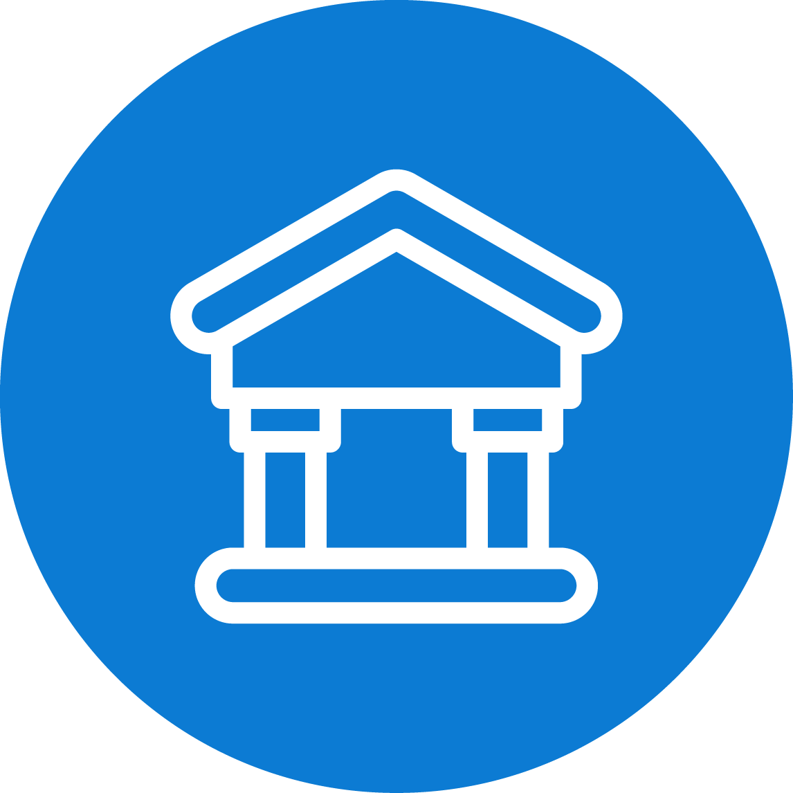 Icon of a building with columns on a blue circular background, representing a government or institutional building.