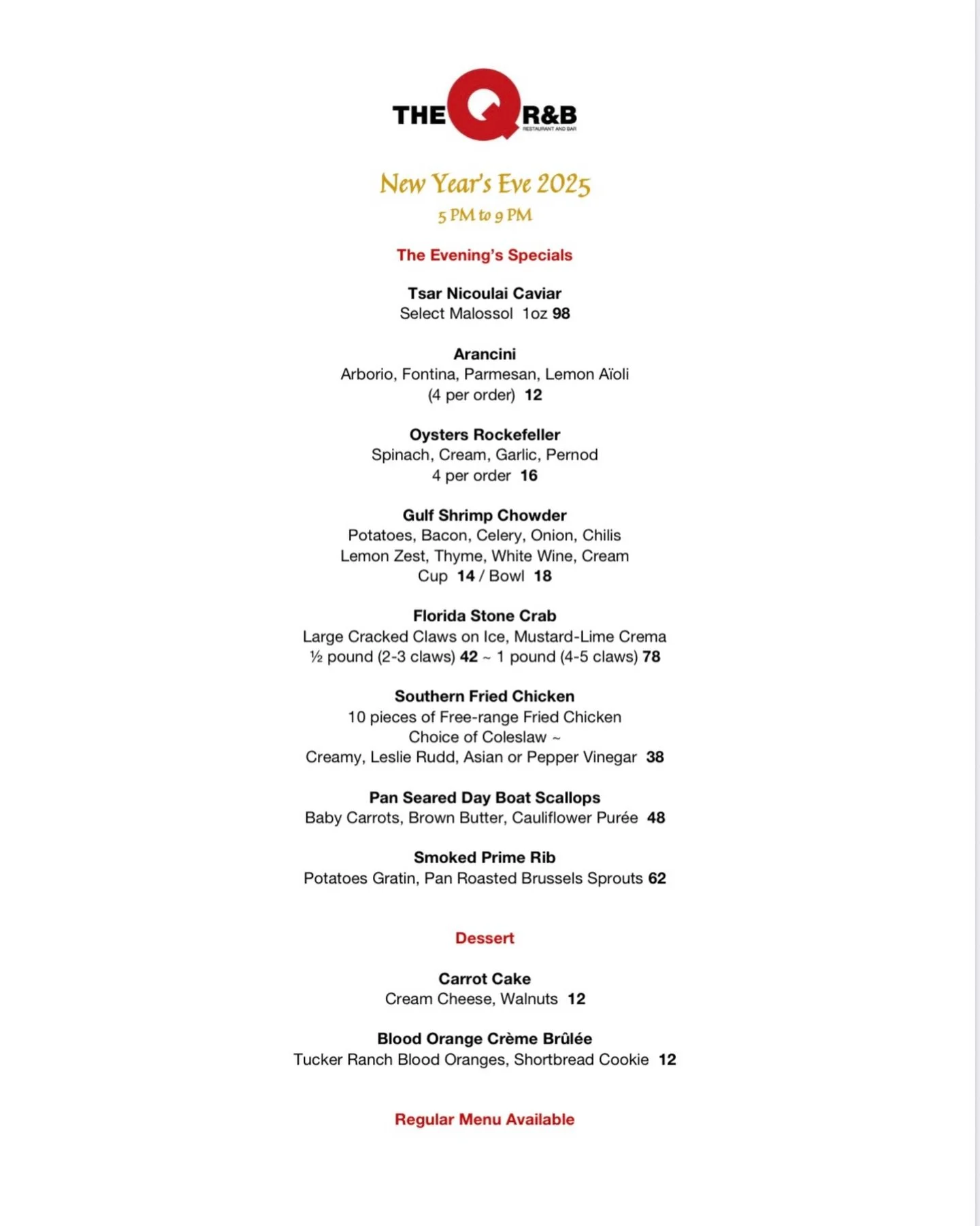 ✨ New Year&rsquo;s Eve at The Q Restaurant &amp; Bar ✨

We&rsquo;ll be open at 11:30 AM, with our New Year&rsquo;s Eve specials available from 5&ndash;9 PM 🥂

From Florida stone crab and Tsar Nicoulai caviar to smoked prime rib and day boat scallops