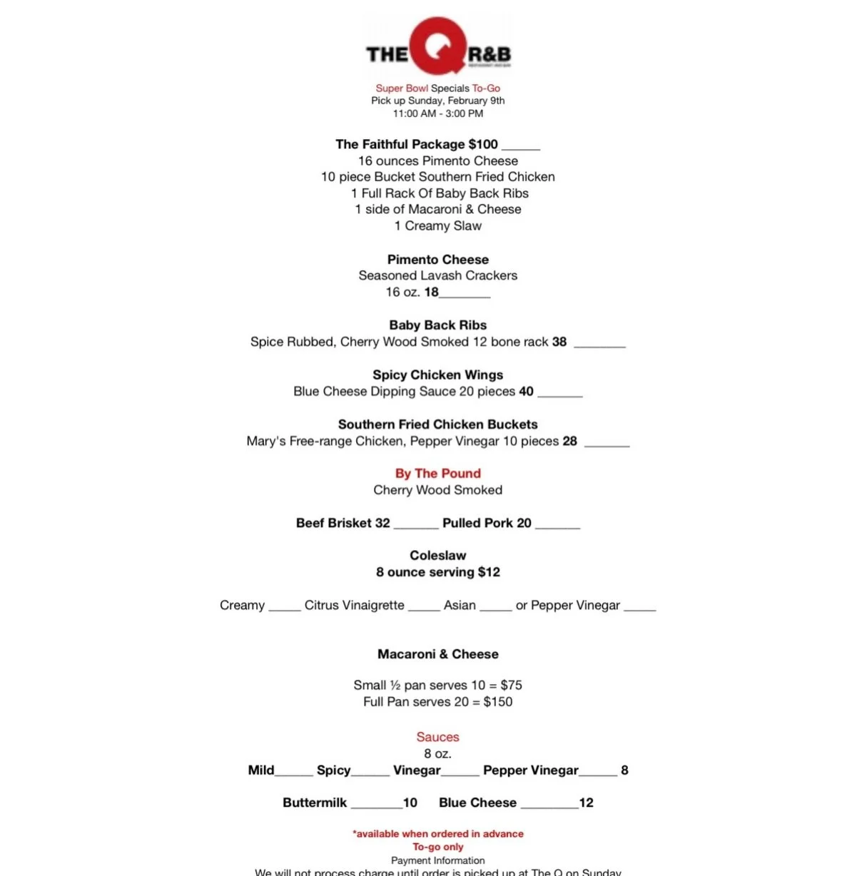 🏈 Super Bowl Sunday = handled. 🍗 🔥 
Let us take care of the food so you can focus on the game (and the commercials).

Our Super Bowl To-Go Menu is stacked with:
&bull; Southern fried chicken buckets
&bull; Baby back ribs
&bull; Spicy wings
&bull; 