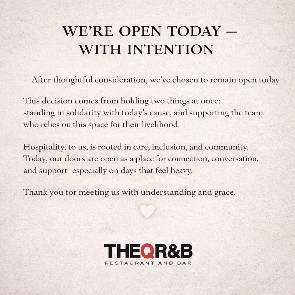 We&rsquo;re open today, holding space for our team and our community&mdash;while standing in solidarity with the values behind today&rsquo;s movement.
Thank you for meeting us with grace and for your continued support. 🤍