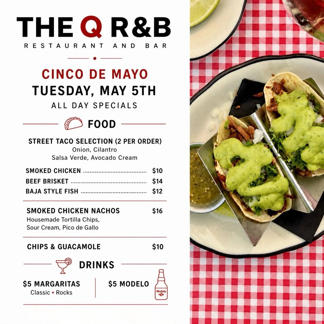 Cinco de Mayo at The Q 🇲🇽

Keeping it easy this year &mdash;
tacos, smoked chicken nachos, and $5 margaritas all day.

Come through, bring your people, and hang with us.

#DowntownNapa #NapaLocal #NapaFoodies #CincoDeMayo