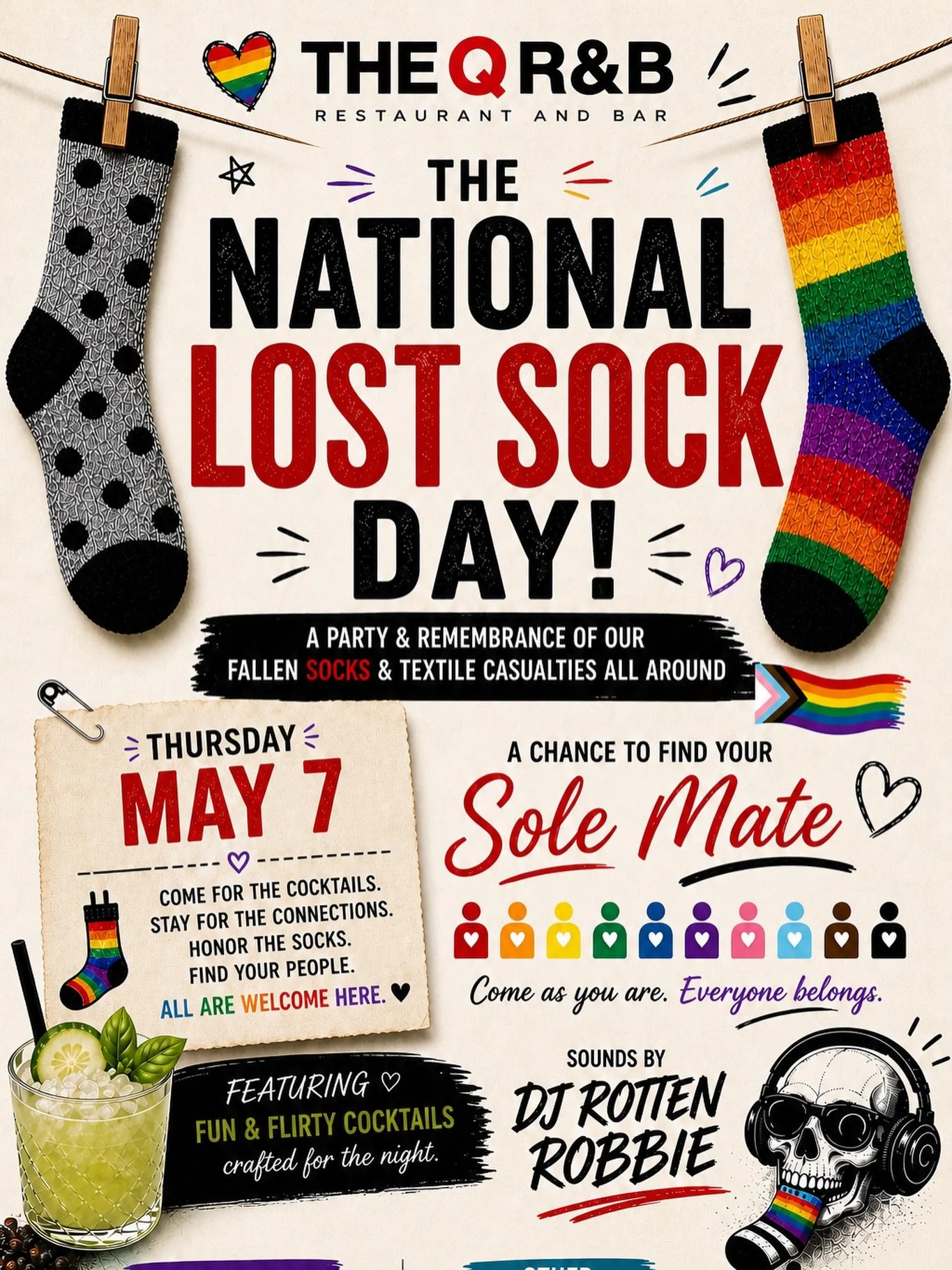 There&rsquo;s a lot going on this week&hellip;
so naturally, we&rsquo;re throwing a party.

🧦 National Lost Sock Memorial Day at The Q
Thursday, May 7 | 5&ndash;8PM

A night for the mismatched, the missing, and the ones who still show up anyway.

Co