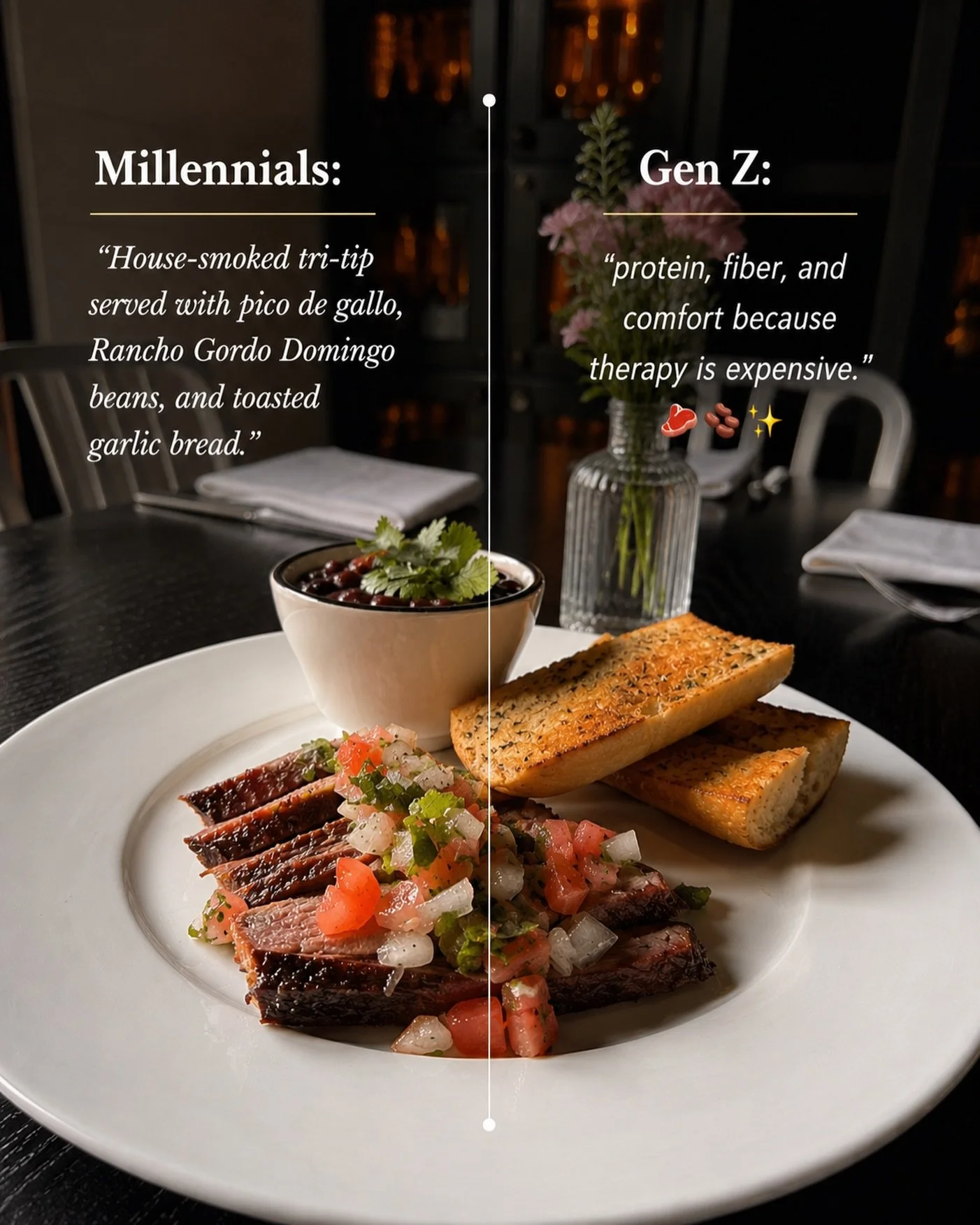 Same plate, different generations. 👀🥩🫘

One thing we can all agree on?
Thursdays at The Q are looking pretty good.

Smoked tri-tip &bull; fresh pico de gallo &bull; Rancho Gordo Domingo beans &bull; garlic bread

#DowntownNapa #NapaFoodies #NapaLo