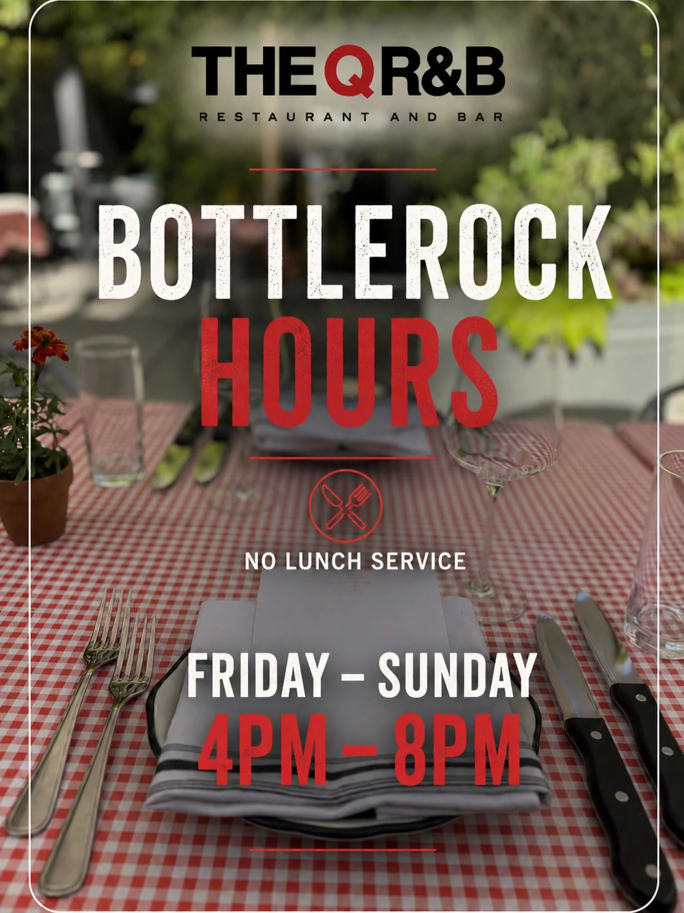 BottleRock weekend is almost here 🍷 🎶 
We&rsquo;ll be open Friday-Sunday trom 4PM-8PM for dinner service only.

Find us inside BottleRock in both General Admission + VIP, or swing by The Q before the festival for early dinner and cocktails. 🍸 ✨ 

