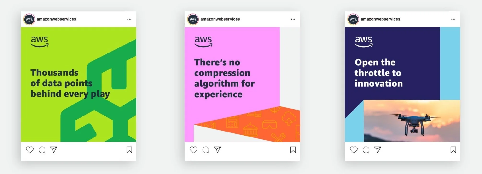 Three individual AWS Instagram social posts with logo, text and vector imagery.