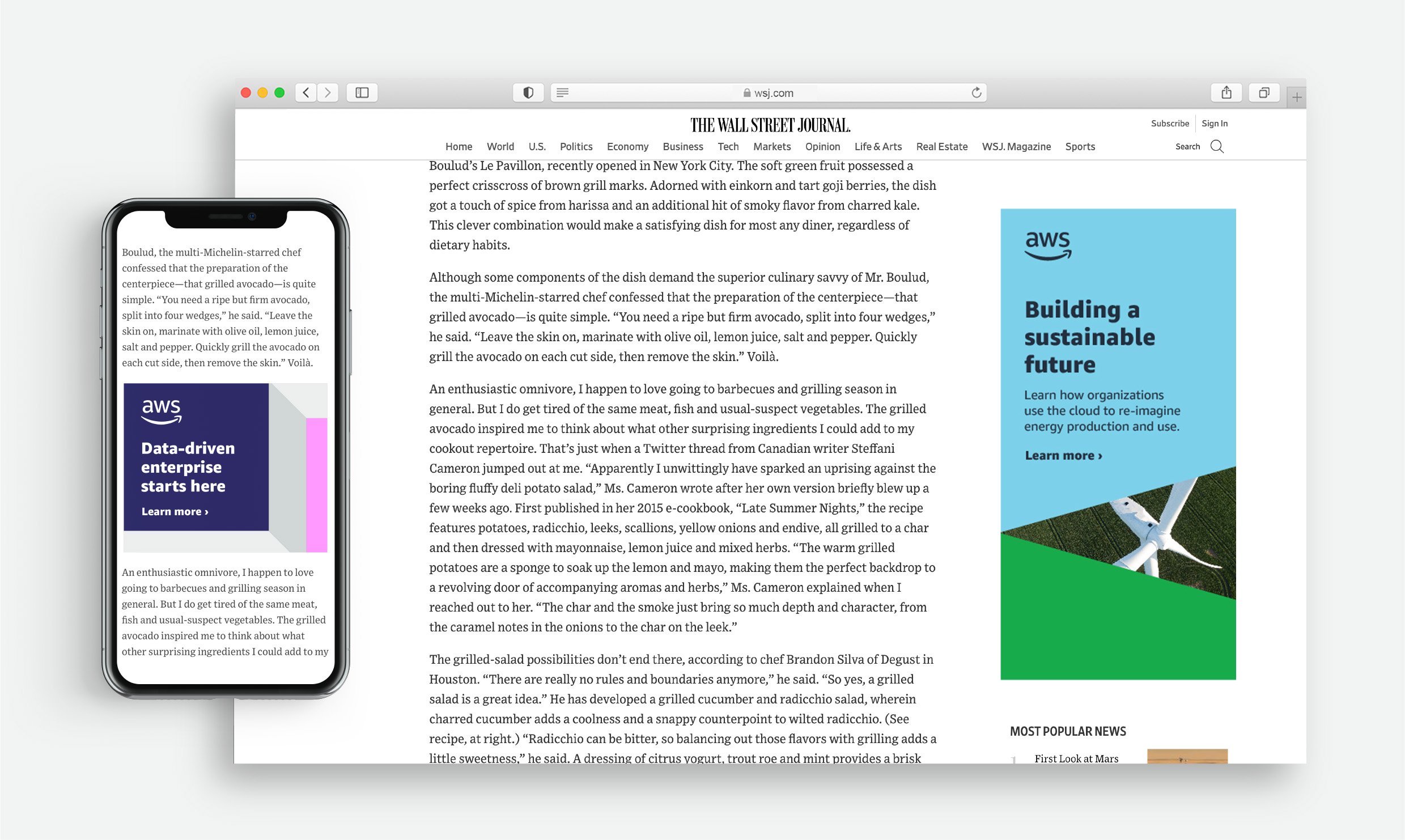 Landing page in desktop and mobile view with AWS banner ads containing logo, text and block shape.
