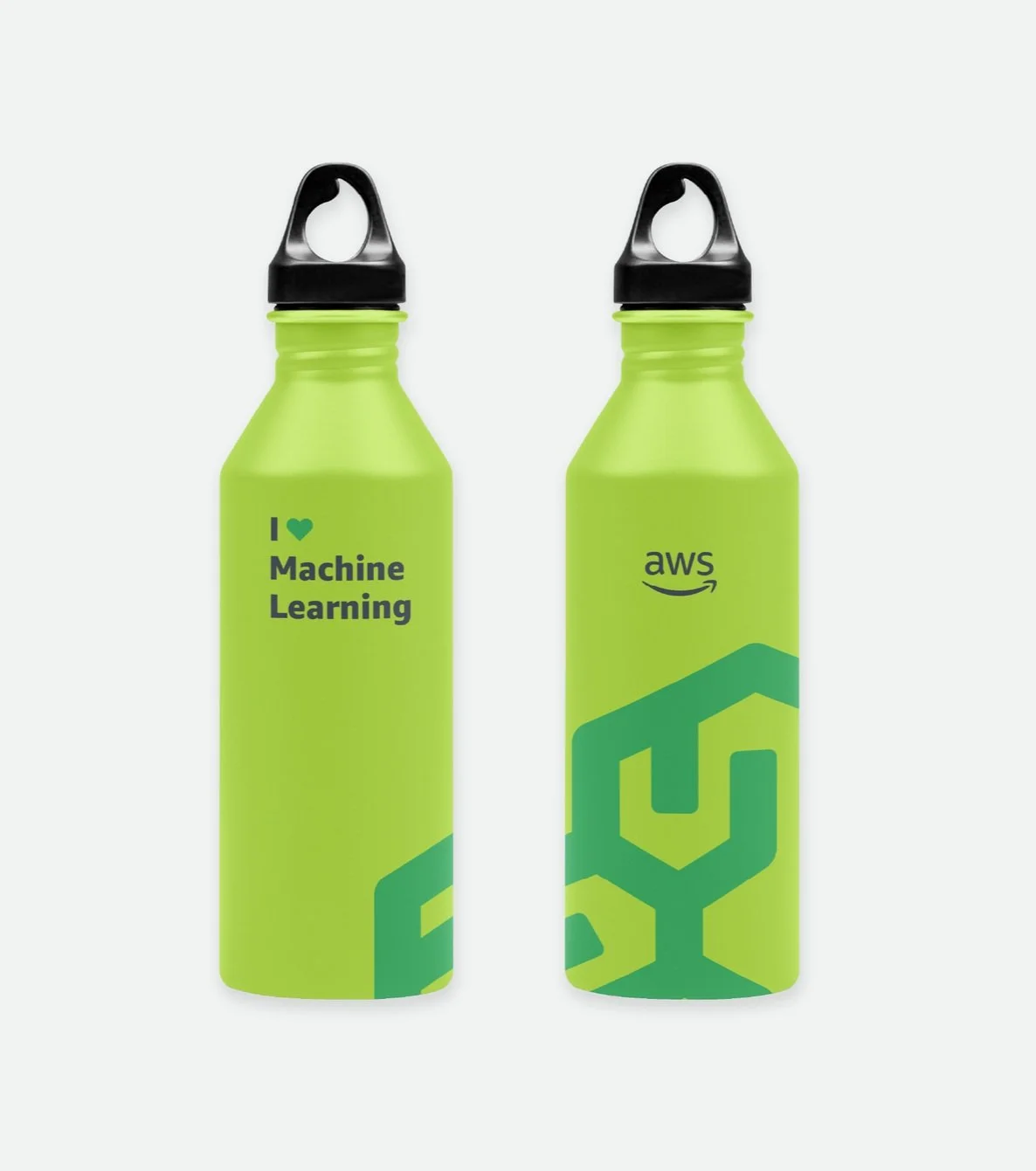 AWS water bottle with I love Machine Learning graphic