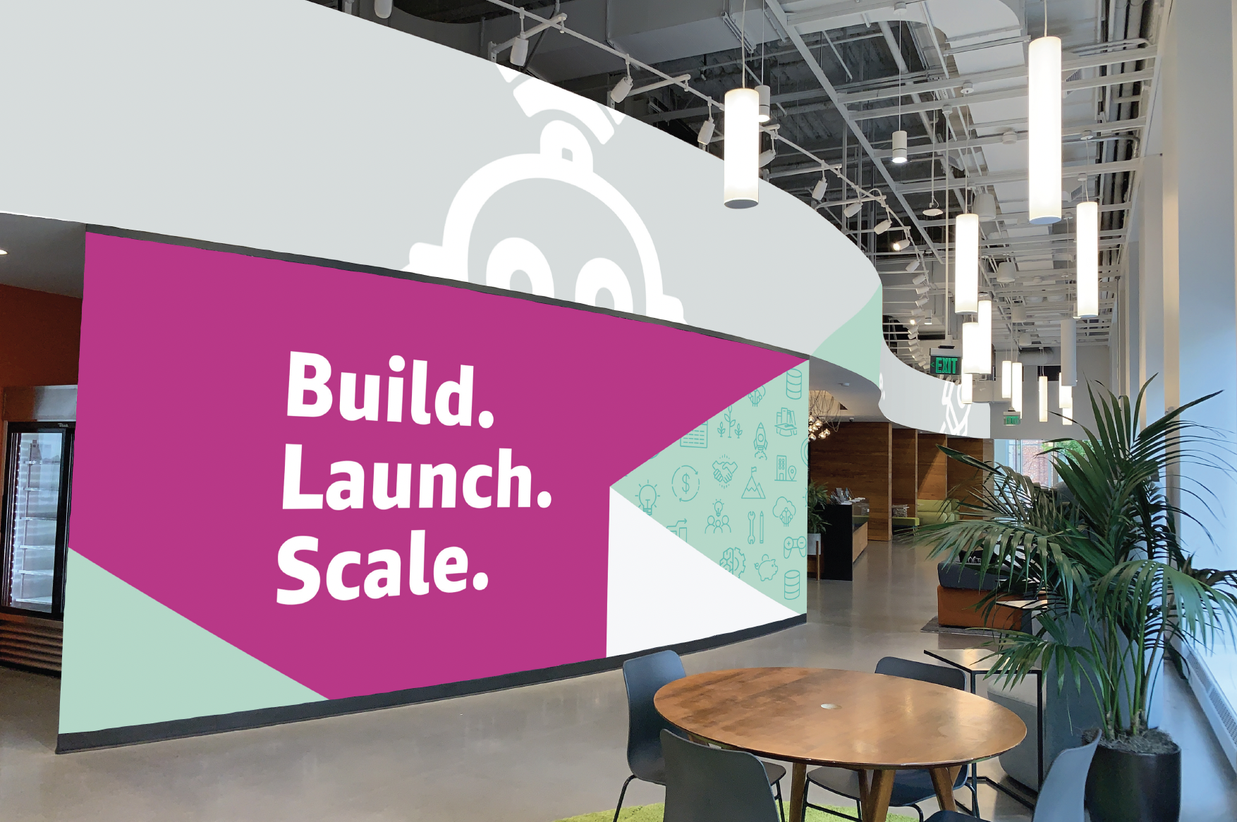 AWS branded wall with large text and block shape