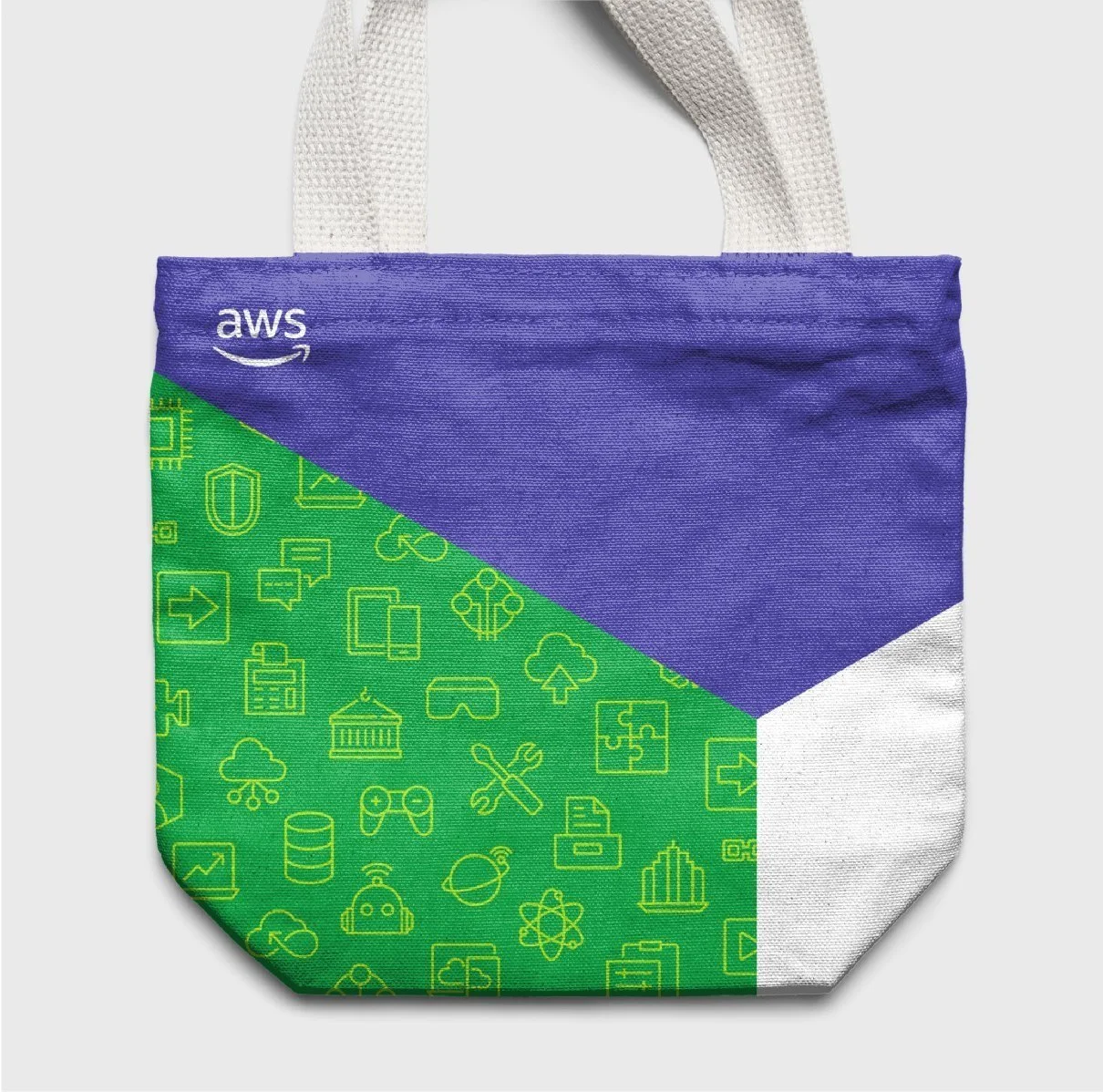 AWS branded tote with color blocking and pattern