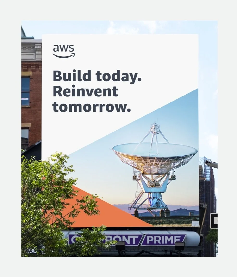 AWS out-of-home billboard with logo, text and image