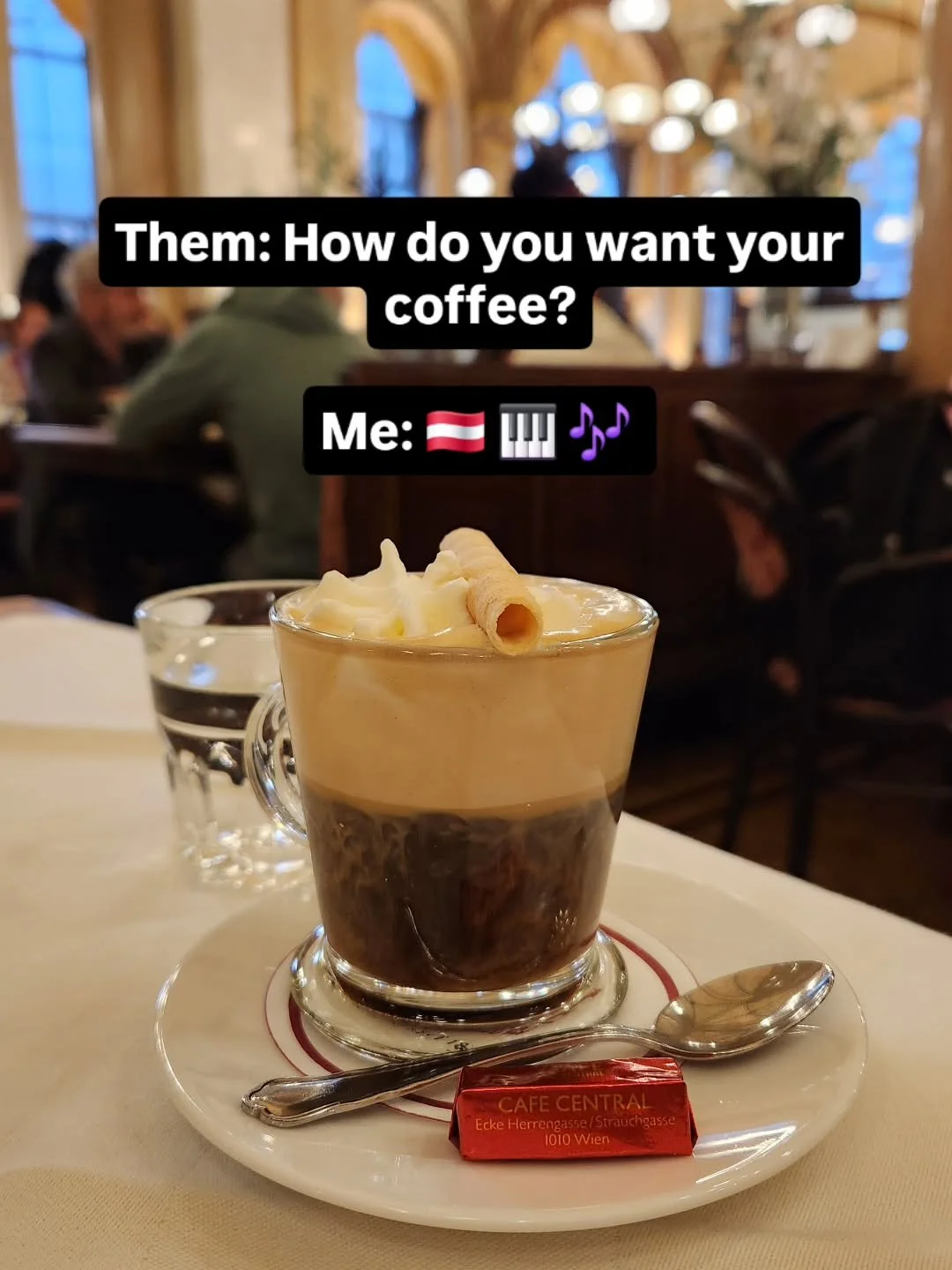 At @cafecentralwien, with whipped cream and a slice of strudel, bitte. 

#Austria #coffee break #momswhotravel ##momgetaway #coffeevibes