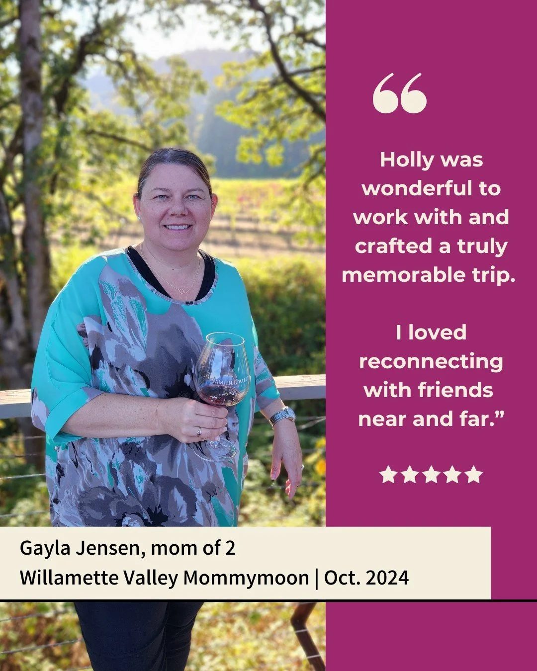 We love hearing real moms sing our praises! 📣
Gayla and three of her friends from all over the country joined us on our Willamette Valley trip last October, and it was such a treat getting to know them and drink incredible wine in such a beautiful p