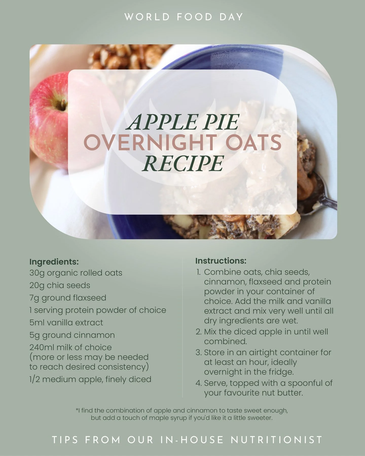 🍎 From farmers' market apples to your morning bowl! These Apple Pie Overnight Oats are naturally sweet, protein-packed, and high in fibre &mdash; a balanced breakfast that keeps you full until lunch. 

Perfect for meal prep, post-workout fuel, or a 