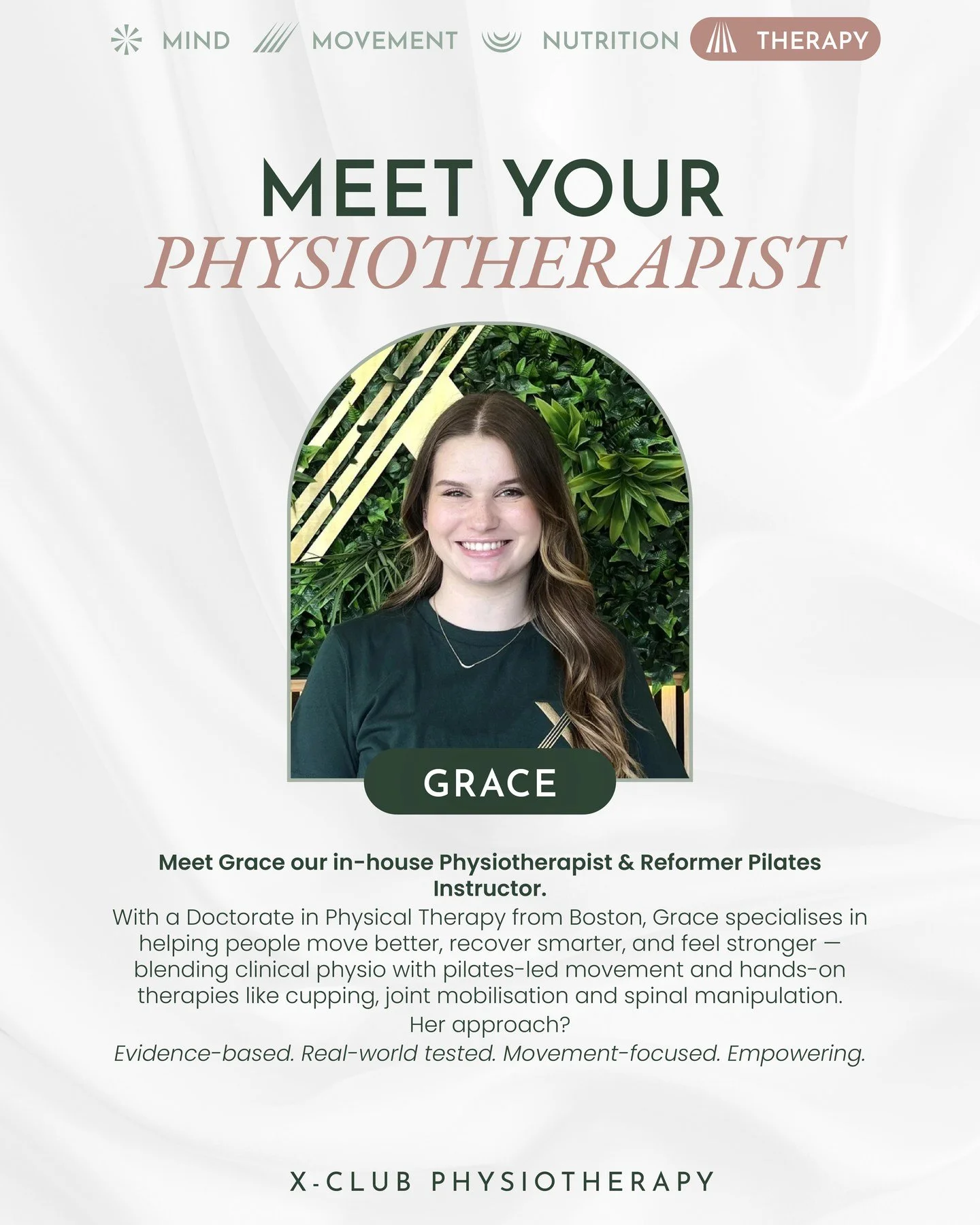 🌿 Meet Grace &mdash; our in-house Physiotherapist &amp; Reformer Pilates Instructor.

With a Doctorate in Physical Therapy from Boston, Grace specialises in helping people move better, recover smarter, and feel stronger &mdash; blending clinical phy