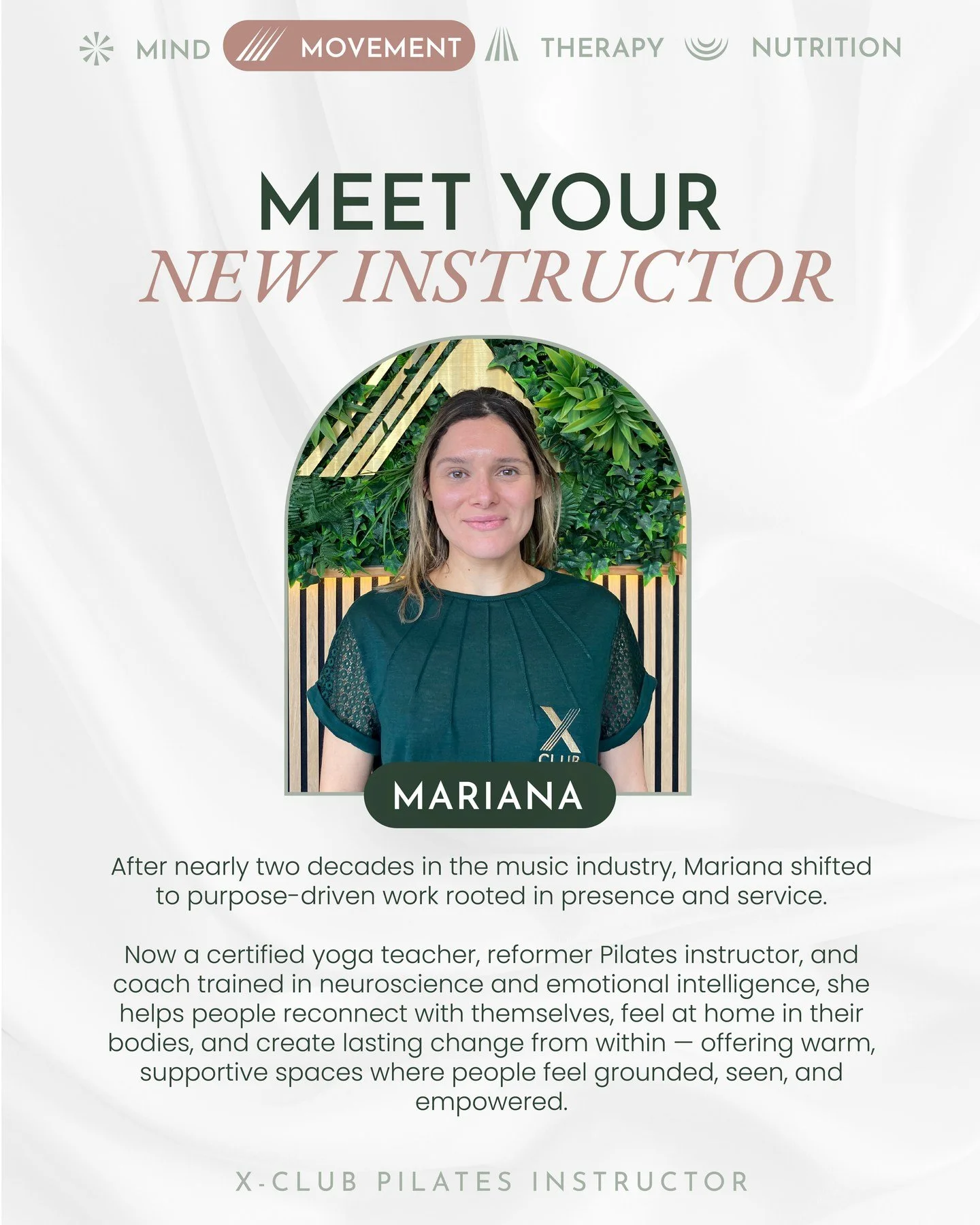 After almost two decades working in the music industry, Mariana chose to completely reinvent her life, moving from high-energy environments to a path rooted in purpose, presence, and service.

As a certified yoga teacher, reformer Pilates instructor,