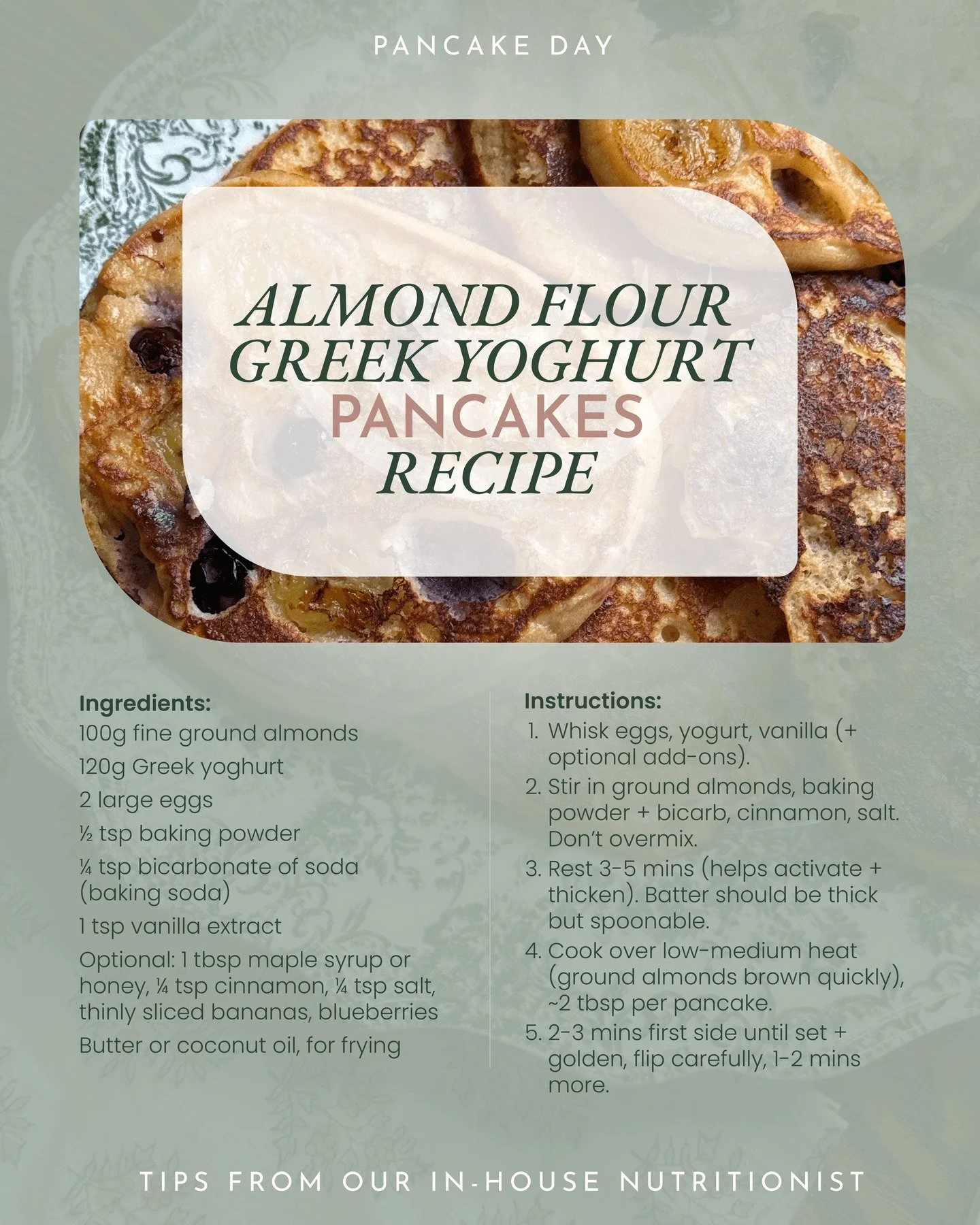 Fluffy almond flour pancakes with Greek yoghurt: high-protein, naturally gluten-free, and perfectly golden 🥞

Almond Flour Greek Yoghurt Pancakes 
(Makes: 6&ndash;8 small pancakes)

Ingredients:
100g fine ground almonds
120g Greek yoghurt
2 large eg