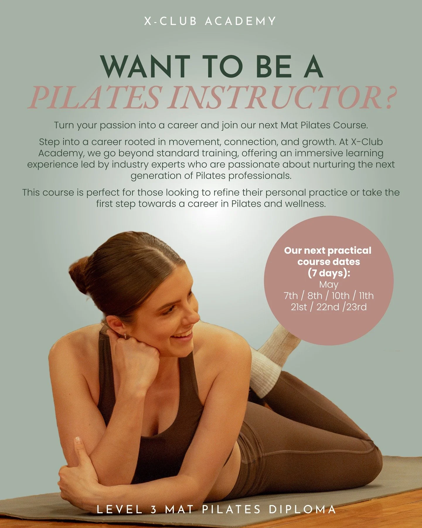Want to become a Pilates instructor?

Our next Mat Pilates Course starts 7th May and there are still spots available.

At X-Club Academy, it's an immersive, expert-led training experience designed to build the foundations of a credible, lasting caree