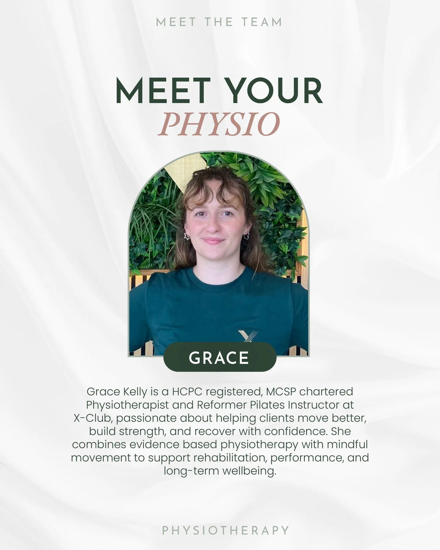 Meet Grace Kelly 👋

Grace is an HCPC registered, MCSP chartered Physiotherapist and Reformer Pilates Instructor here at X-Club.

She combines evidence-based physiotherapy with mindful movement to support rehabilitation, performance, and long-term we