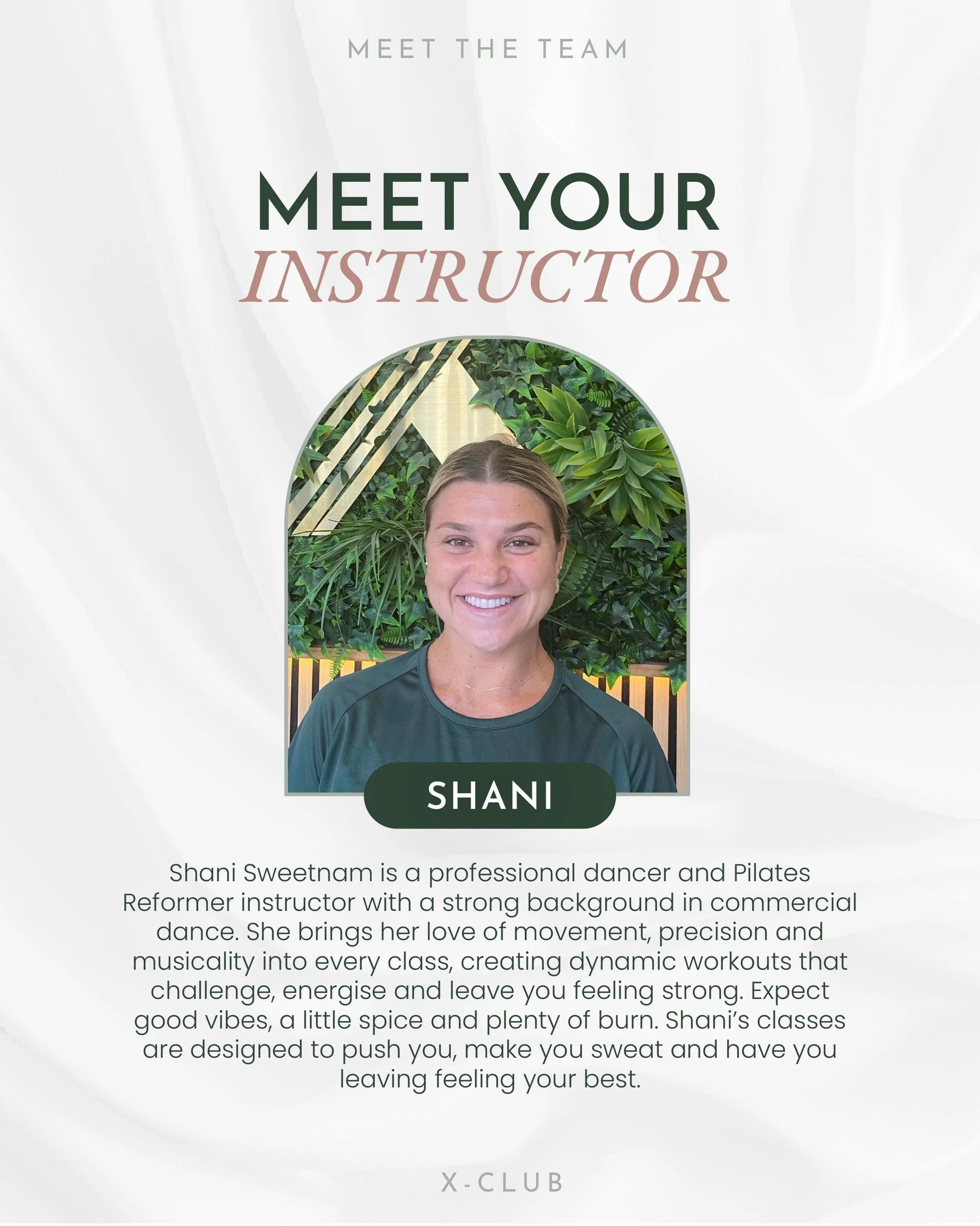 ✨ MEET SHANI ✨

Bringing the energy, the spice and ALL the burn! 🔥

Meet Shani, our professional dancer and Pilates Reformer instructor, bringing her passion for movement, precision and musicality to every class.

Expect dynamic workouts, good vibes