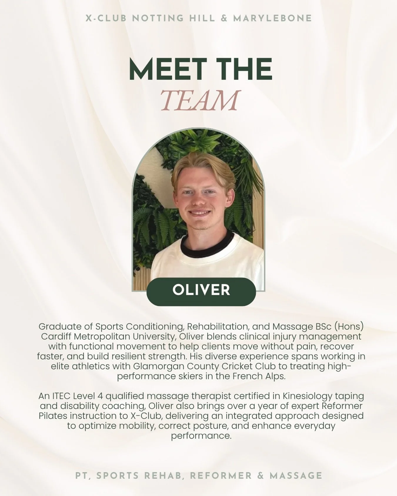 ✨ MEET OLIVER ✨

From elite cricket with Glamorgan to high-performance skiers in the French Alps, Oliver brings a wealth of experience in sports rehabilitation, injury management and functional movement to X-Club.

Specialising in PT, Sports Rehab, R