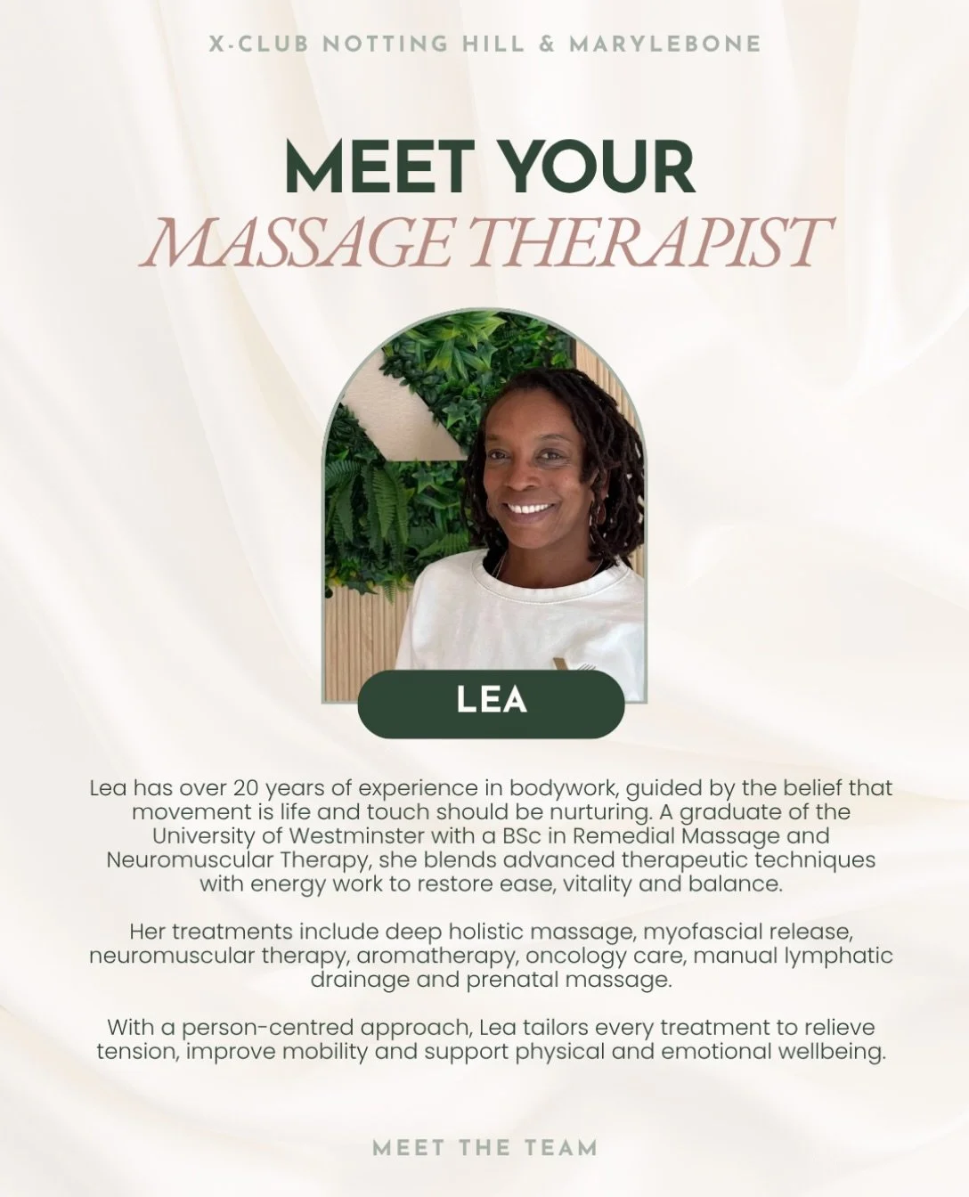Meet Lea, our new massage therapist at X-Club! ✨

With over 20 years of experience in bodywork, Lea brings a thoughtful, holistic approach to every treatment, combining advanced therapeutic techniques with nurturing touch to release tension, restore 