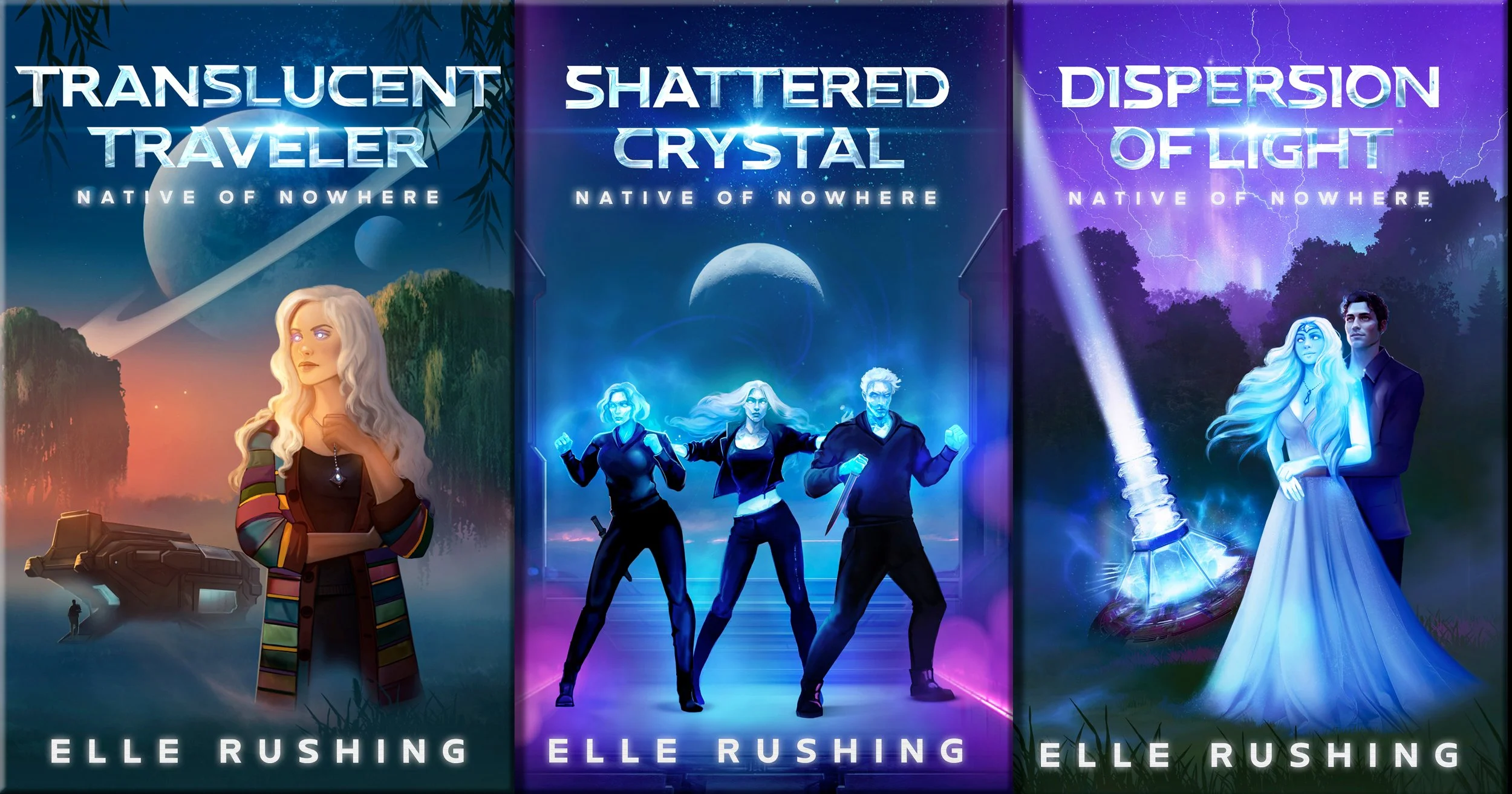 Book covers: 'Translucent Traveler' 'Shattered Crystal' 'Dispersion of Light' by Elle Rushing, crystalline Lucarn shapeshifters from the Lucent Universe, sci fi romance and sci fi fantasy elements.